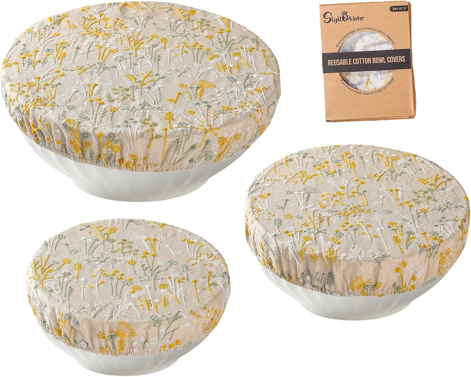 Reusable Bowl Covers for Bread Proofing Baking Embroidered Linen Cotton Cloth Fabric Washable with Elastic Cover for Food Fruit Salad Eco-friendly