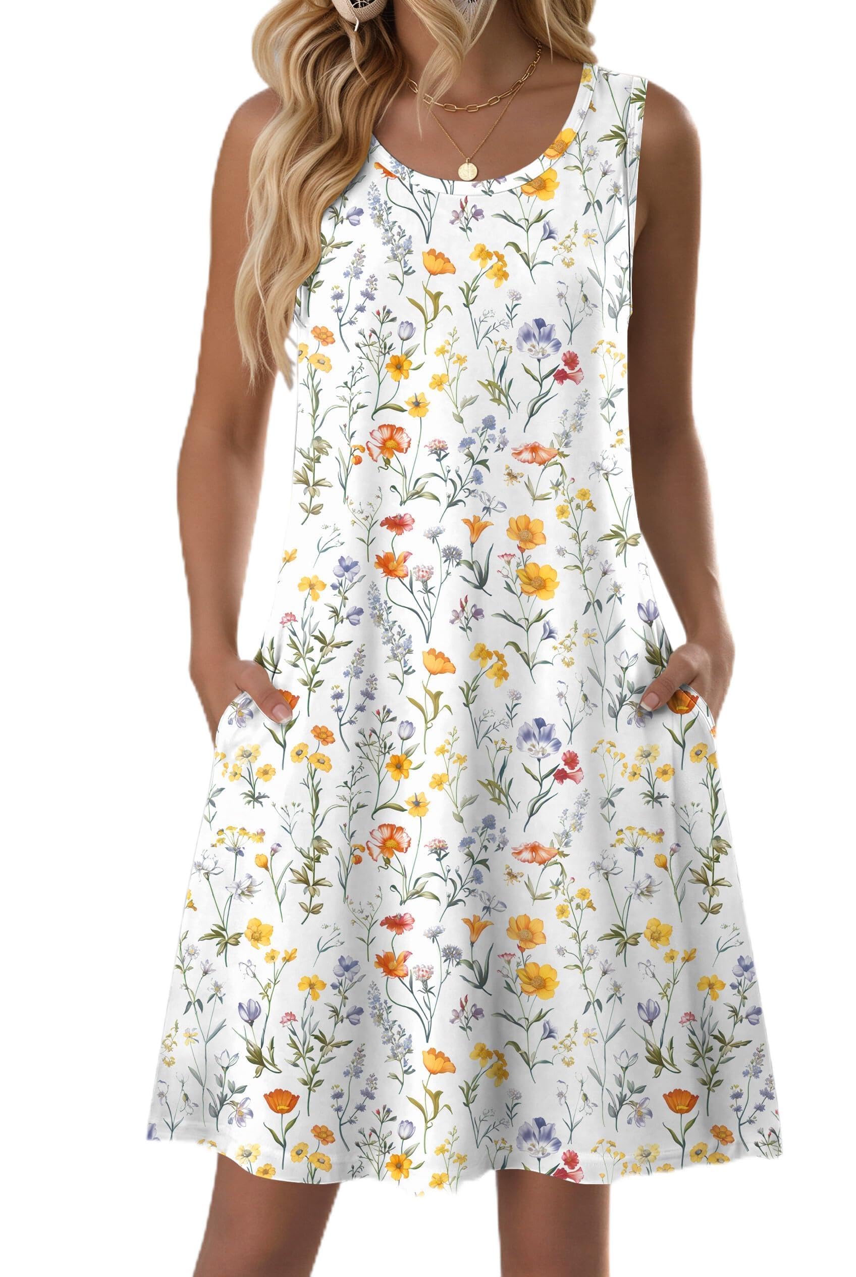 Zeagoo Summer Dresses for Women 2026 Sleeveless Casual Floral Tshirt Sundress with Pockets Loose Tank Beach Dress