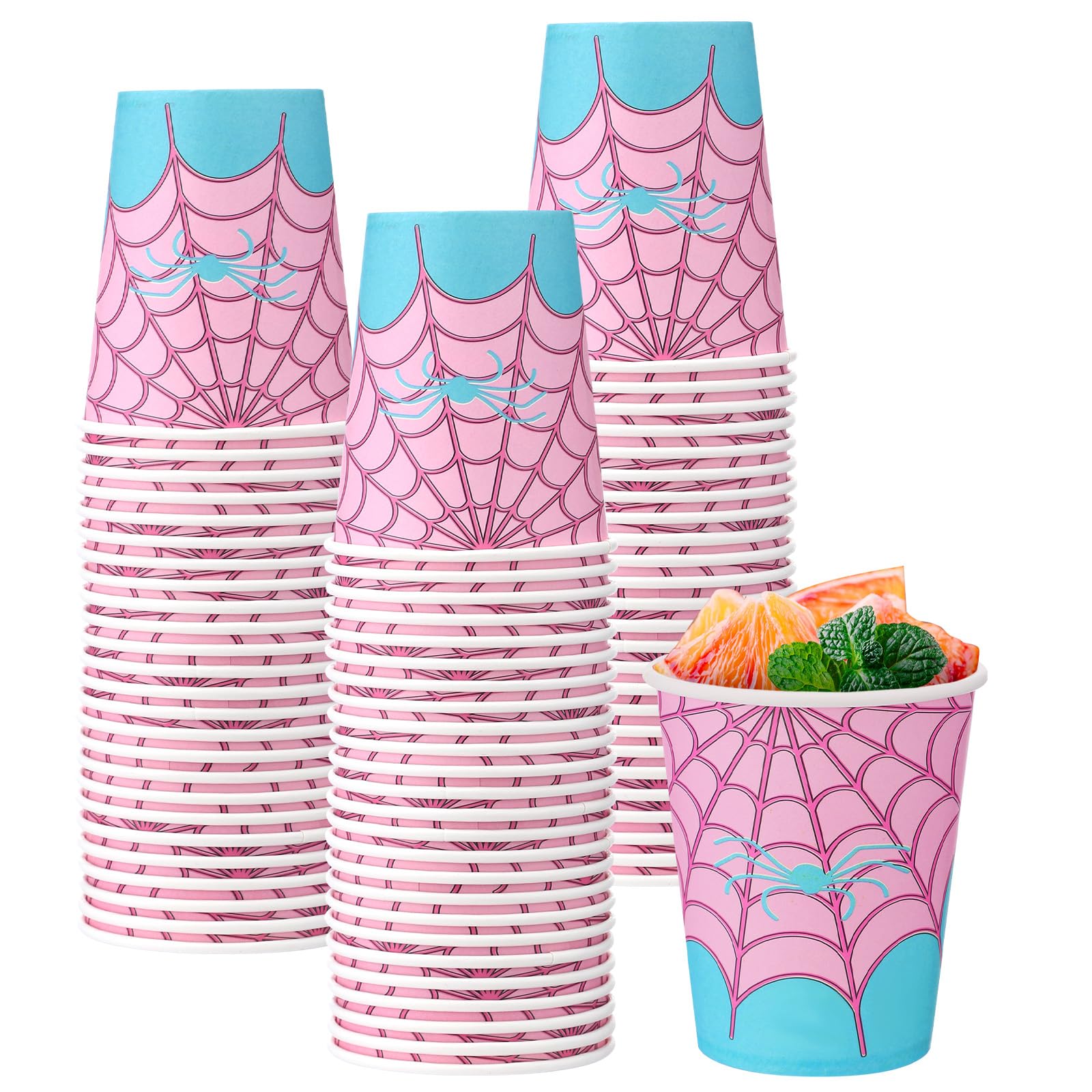 Honoson 50 Pieces Pink Spider Party Decorations Pink Spider Cups Birthday Party Supplies Paper Disposable Cups 9 oz for Baby Shower