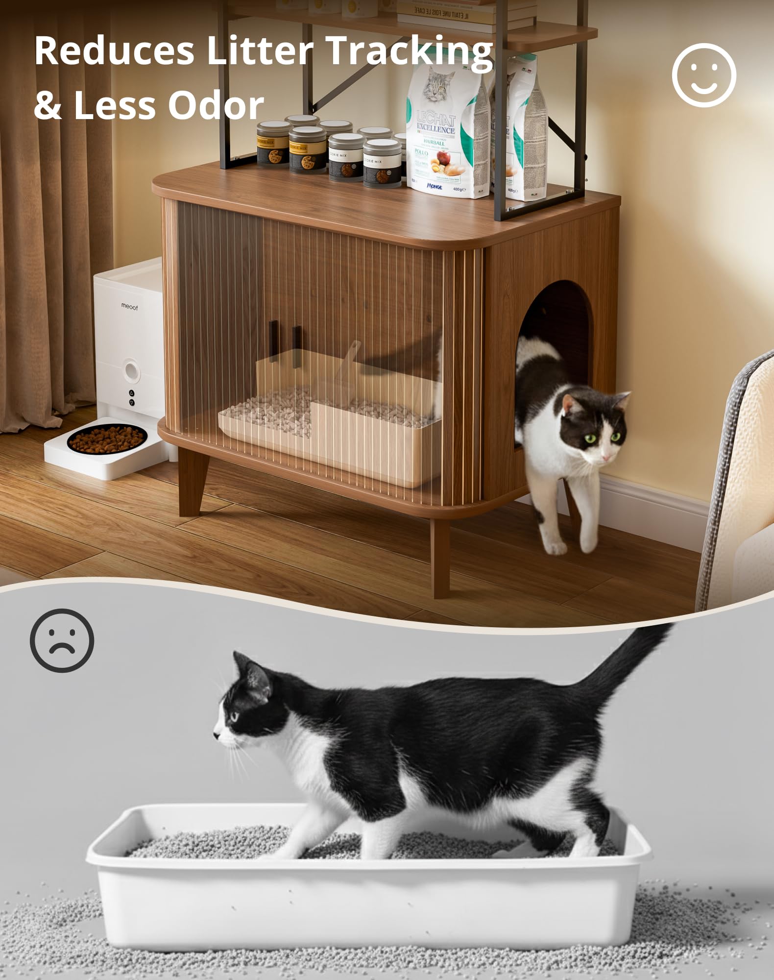 31.5" Cat Litter Box Enclosure,Hidden Litter Box Furniture with 2-Tier Storage Shelves,Wooden Cat Washroom and Pet House with Sliding Tambour Door for Living Room,Walnut - image 6