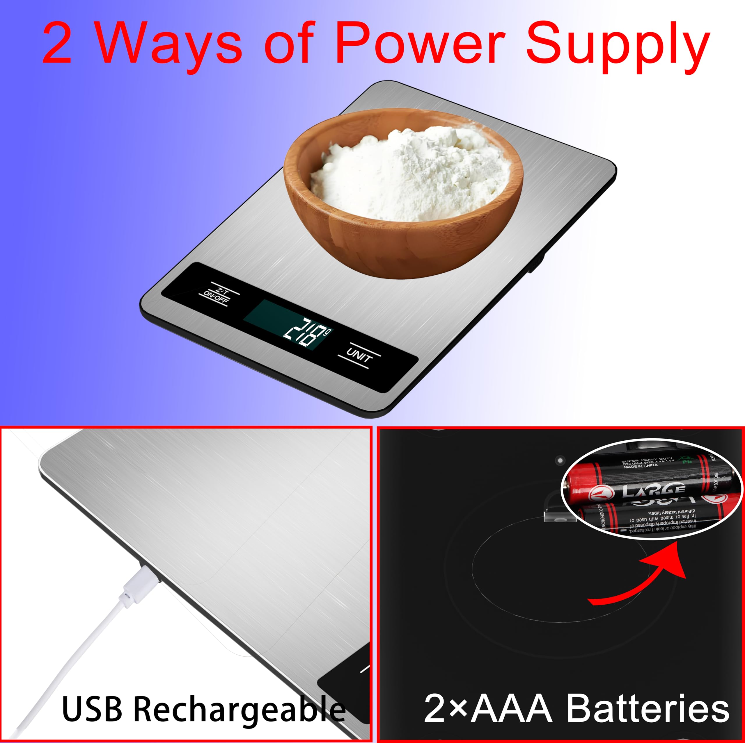 Báscula digital de cocina, 33 lb/15 kg de peso de alta capacidad para hornear, cocinar y preparar comidas, precisión de 1 g, 6 unidades con función de tara, recargable por USB (estilo B)