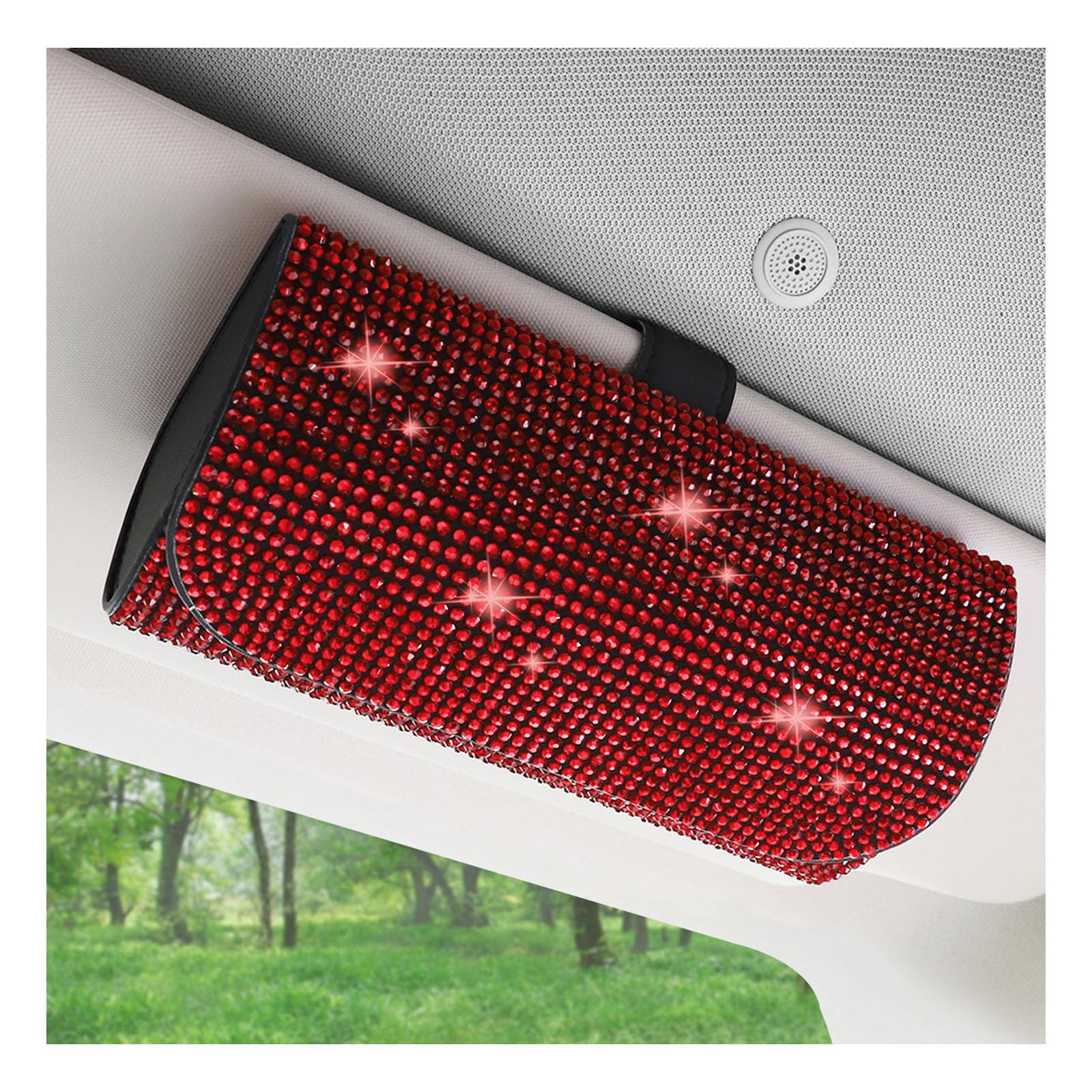 Augeny Bling Sunglasses Holder for Car Sun Visor, Sparkling Auto Visor Eyeglasses Protective Box with Magnetic Closure, Vehicle Glasses Storage Organizer Case for Trucks, SUVs, RVs (Red)