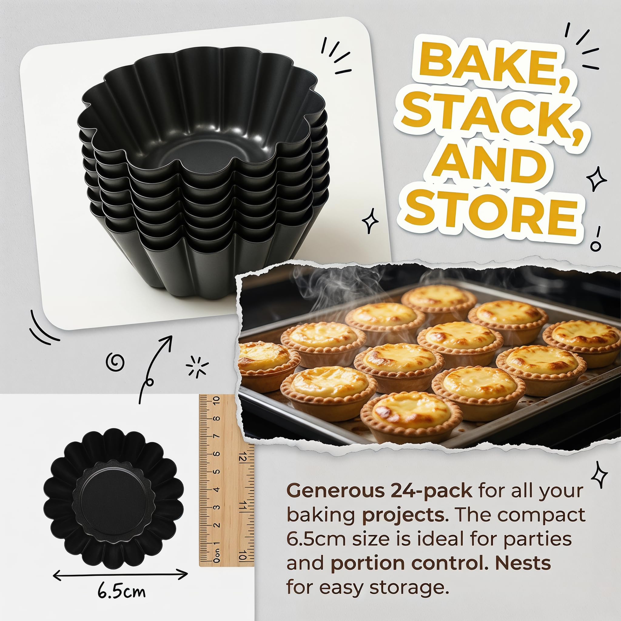 Set 24 Moldes Tartaletas Individuales Antigoteo Acero al Carbono Negro 6,5cm Moldes Mini Quiche Redondos para Horno Freidora Aire Flaneras Pequeñas Repostería Fiestas Canapés Pasteis Nata Sin Fugas | Molde para tartas antiadherente, pudín redondo, forma d