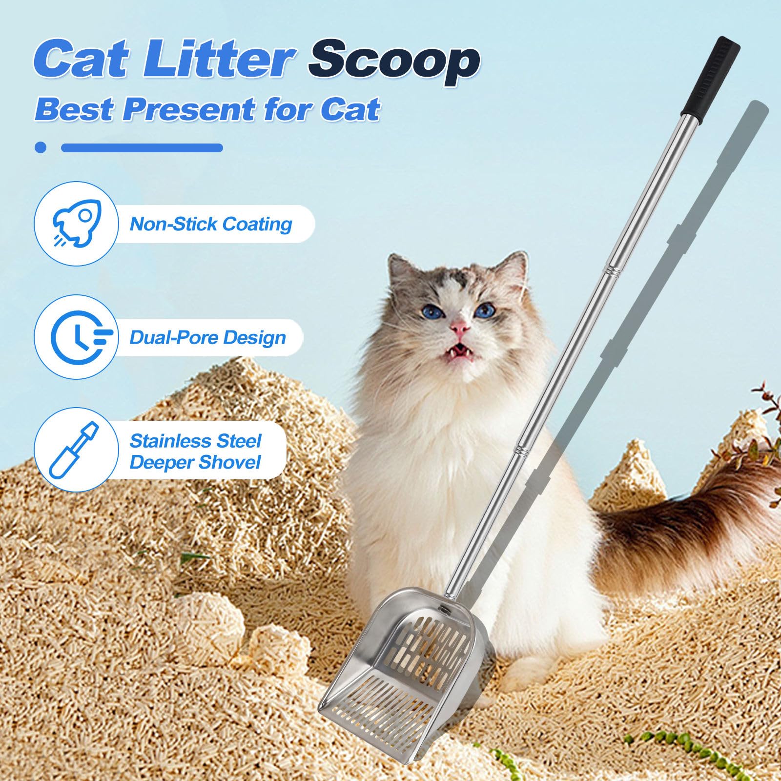 Cat Litter Scoop Metal Mesh, Kitty Scooper for Litter Box Cleaning Speed Sifting, Chicken Poop Scooper for Sand, Litter Sifter Shovel, Dog Coop Pooper Scooper -Stainless Steel Long Handle - image 2