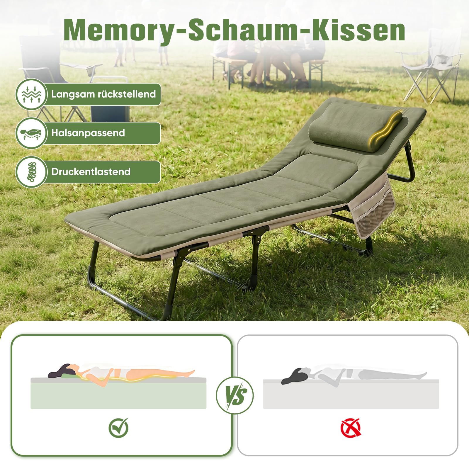 Sekey Campingbett Klappbett faltbar fГјr Erwachsene, Feldbett bis 200 kg belastbar mit Kissen, Reisebett GГӨstebett fГјr Camping, Festival, BГјro, Garten und Wohnmobil - DunkelgrГјn