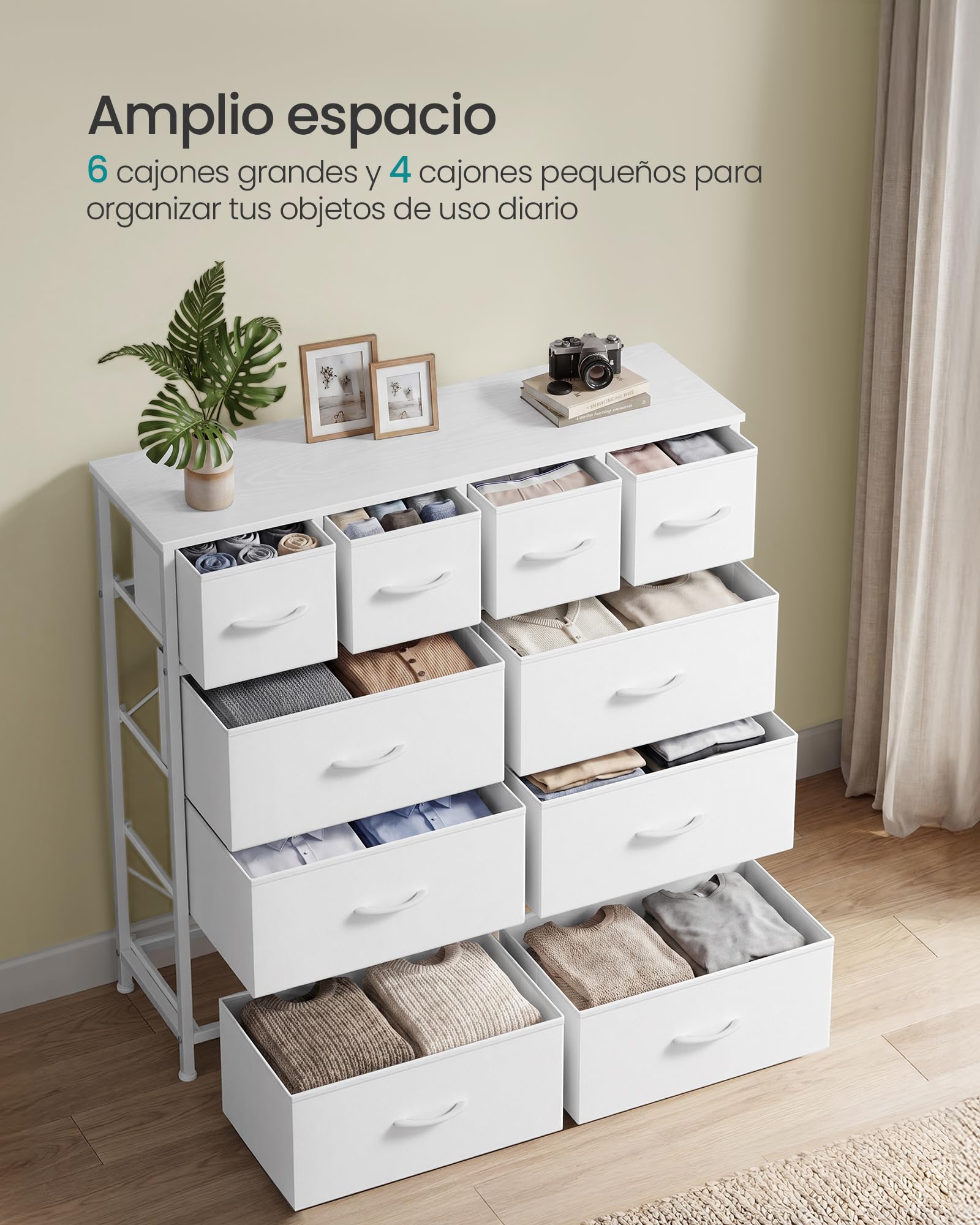 SONGMICS Cómoda, Cajonera con 10 Cajones de Tela, Organizador de Almacenamiento, Estructura de Acero, 98,7 x 30 x 96,2 cm, para Dormitorio, Salón, Pasillo, Nube Blanca, Colección BELLAH LGS236W101