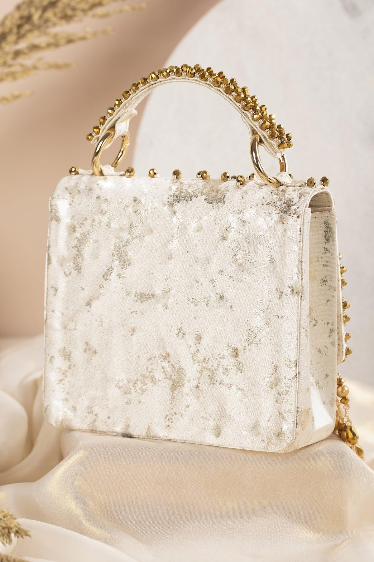 Women/Girl's Embroidered Clutch Bag With Megnetic Closure Handheld Purrse | For Bridal (Gold)