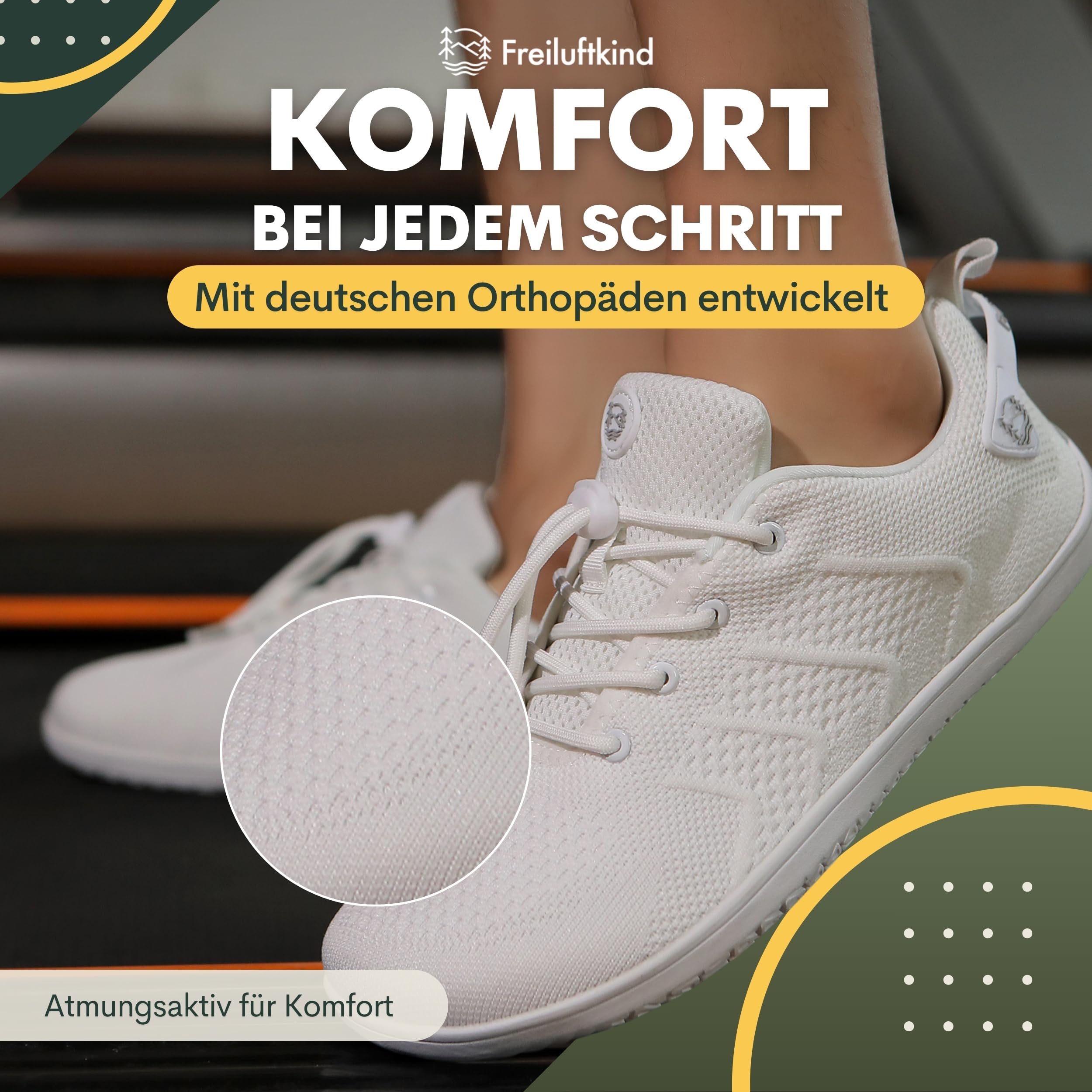 Freiluftkind Das Original Camino – Sportliche Sneaker Barfußschuhe (Wei-/ Gr. 35-49) – Unisex Barfußschuh für Bewegung und Dynamik – Mit innovativer und atmungsaktiver Webstruktur