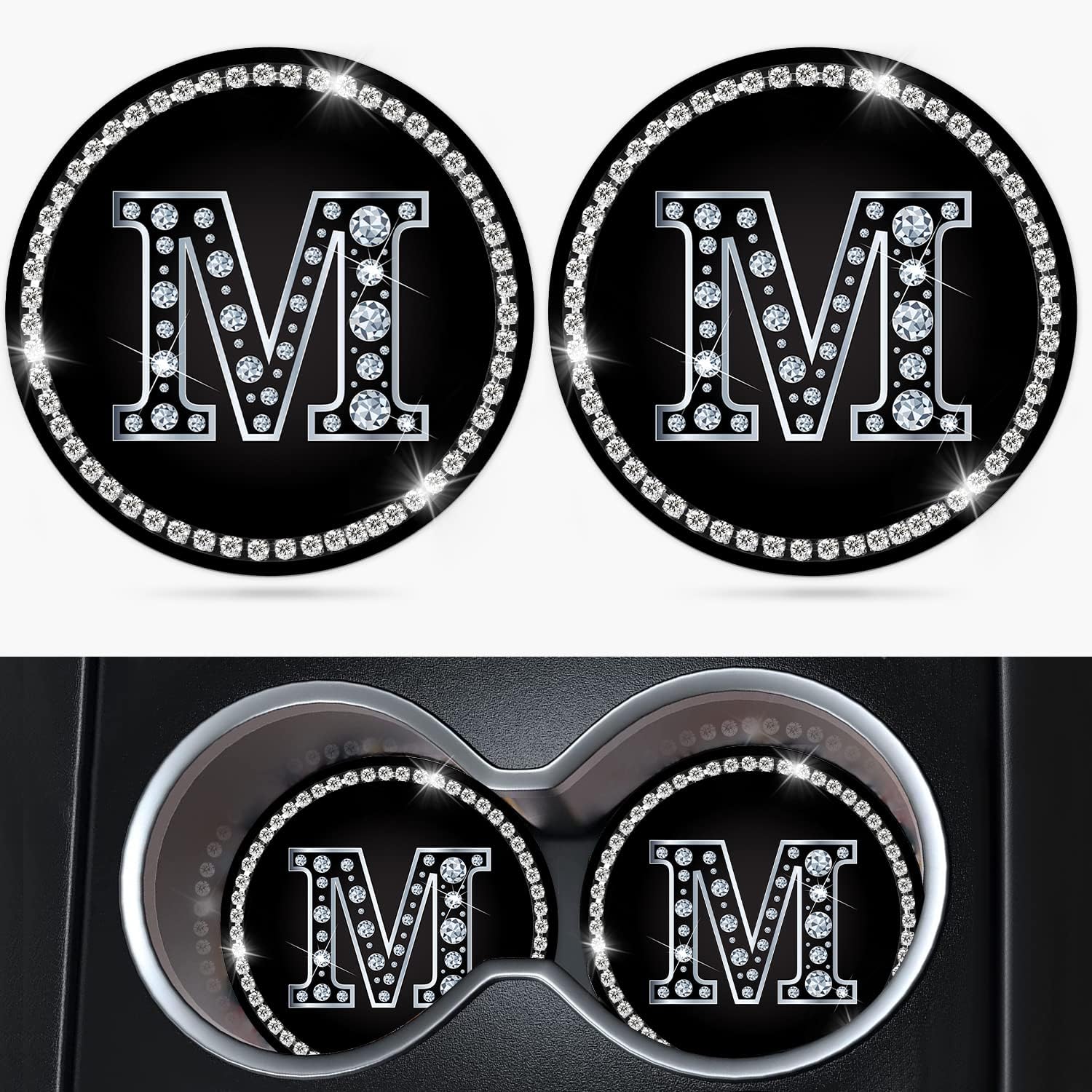 Car Cup Holder Coaster 2 Pack Letter M Initial Design Bling Crystal Rhinestone Silicone New Automotive CupHolder Accessories Decor Decorations for Women Men DZ0730-2