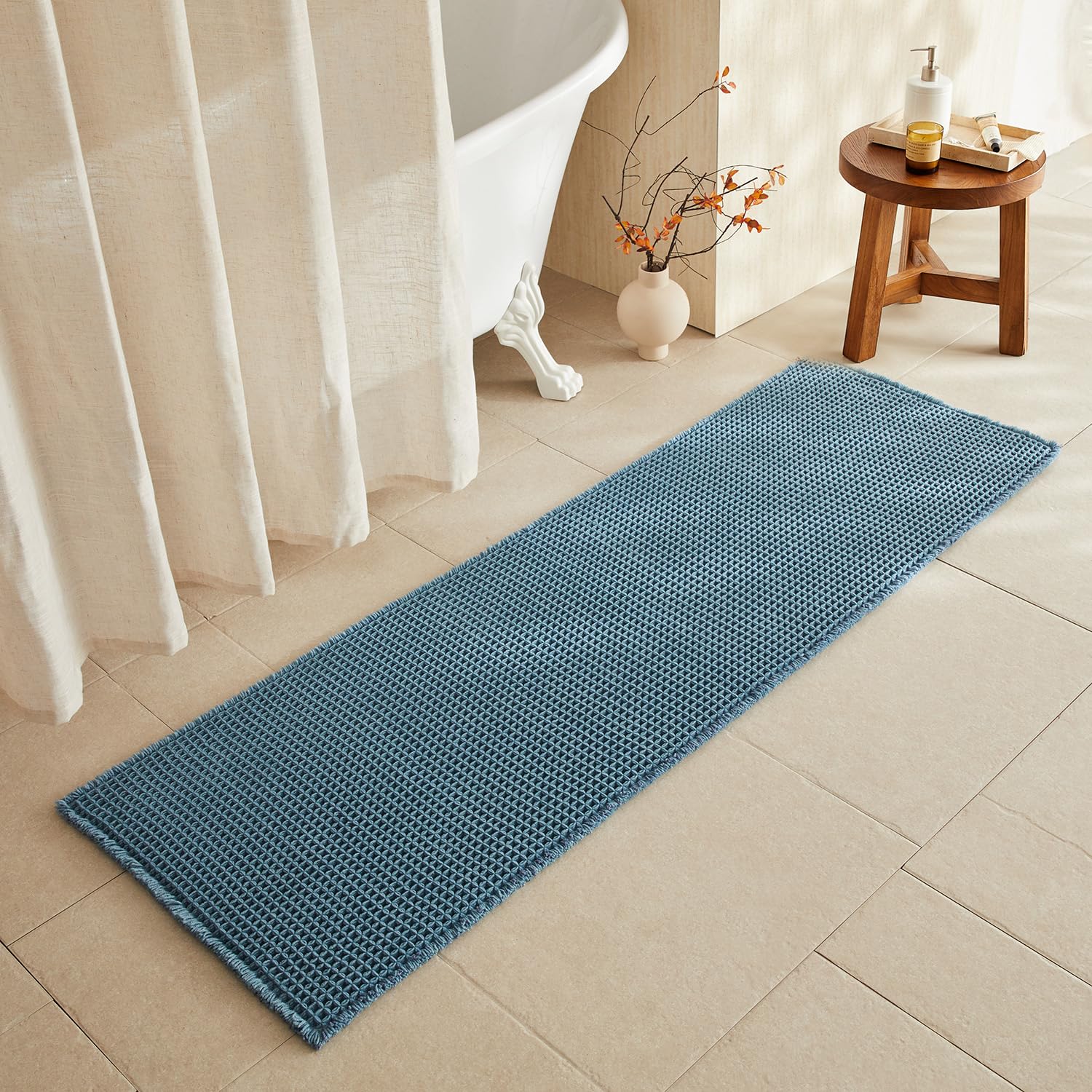 TYUU Waffle Runner Rug Bathroom, Long Boho Bath Mat, 72x24 Denim Blue