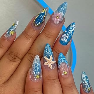 LunarCharm 24 Stück blau lange künstliche Fingernägel zum Aufkleben, Muschel- und Seesternmuster, Stiletto-Form, French-Tip-Design, 3D-Blumenmuster, für Damen