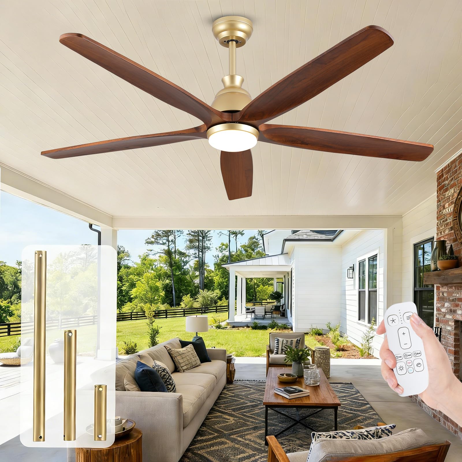 YZEENM 60 Inch Ourdoor Gold Ceiling Fan with Light, 5 Walnut Wood Blade Damp-Rated, Indoor Exterior High CFM Propeller for Patio Farmhouse, 6 Speeds