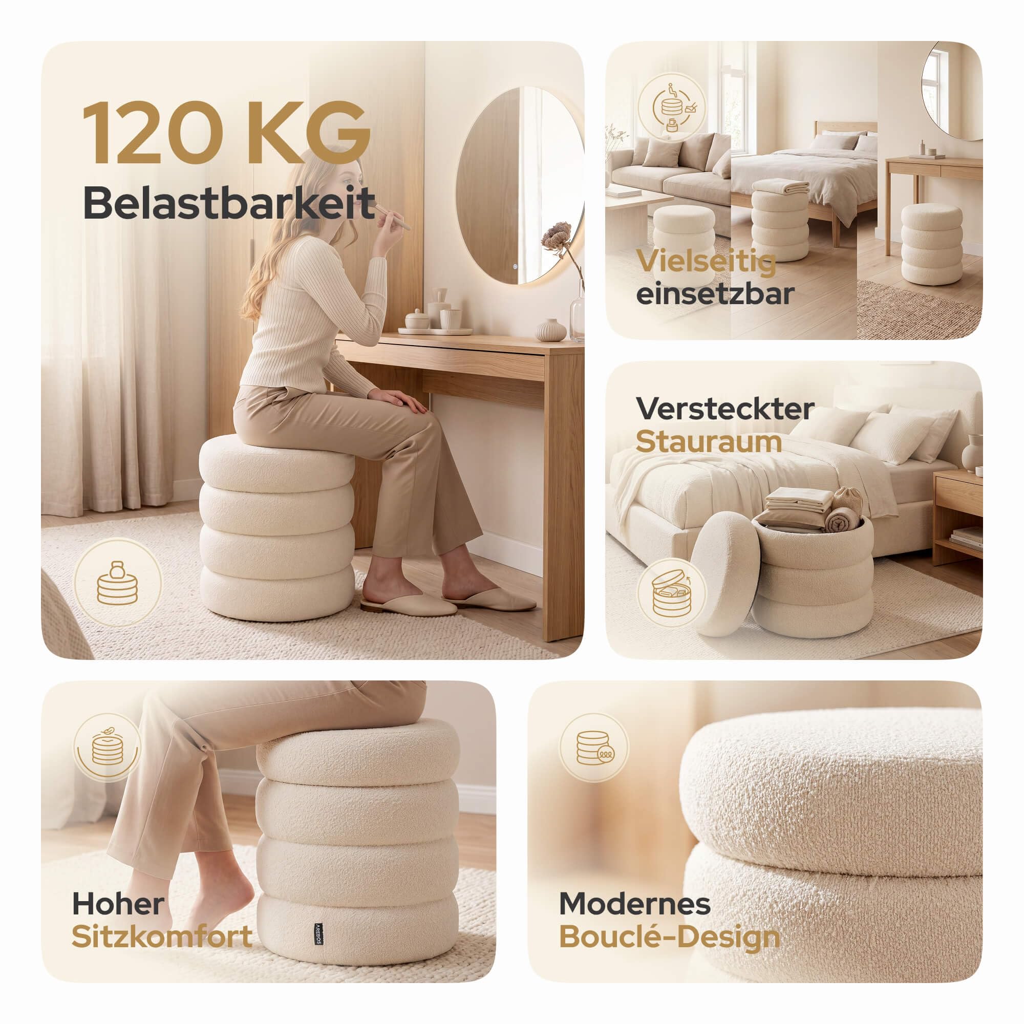 Arebos Sitzhocker mit Stauraum Ø42cm | Bouclé Polsterhocker rund | 120kg