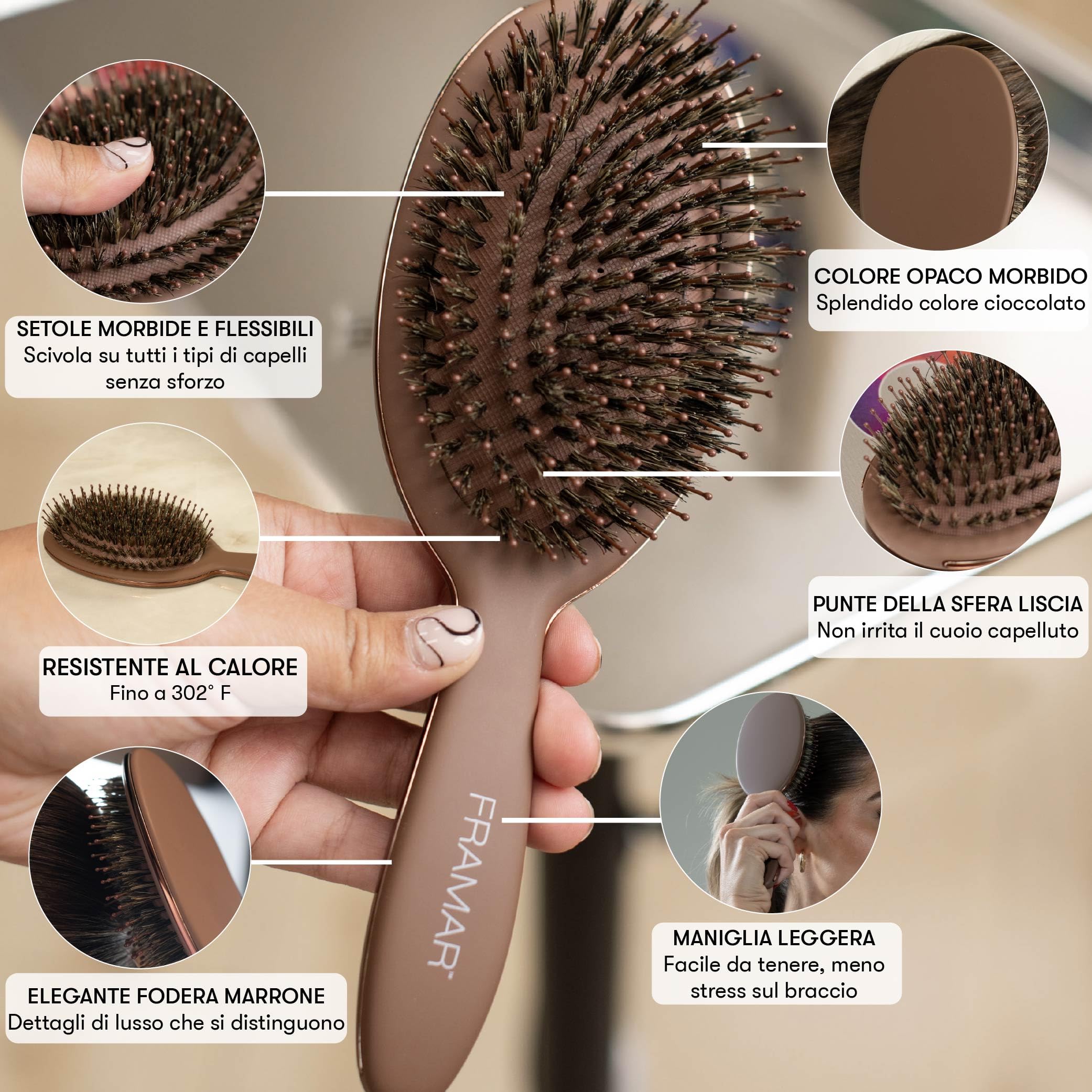 FRAMAR Spazzola Per Capelli Con Setole Di Cinghiale Morbide - Spazzola Per Capelli A Setole Naturali, Boar Bristle Brush, Spazzola Con Setole Di Cinghiale Per Capelli Fini - Cioccolato