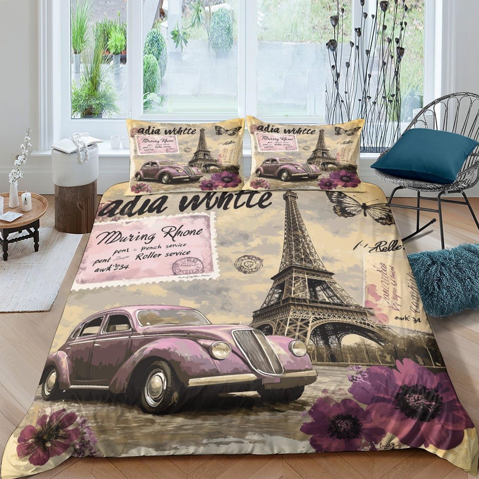 Ctjqhvkz Style-1 3D Printed Vintage Car Fitted Sheet Microfiber Soft Paris Eiffel Bed Cover For Bedroom Guestroom Dustproof Washable Decor Single（135X200cm）
