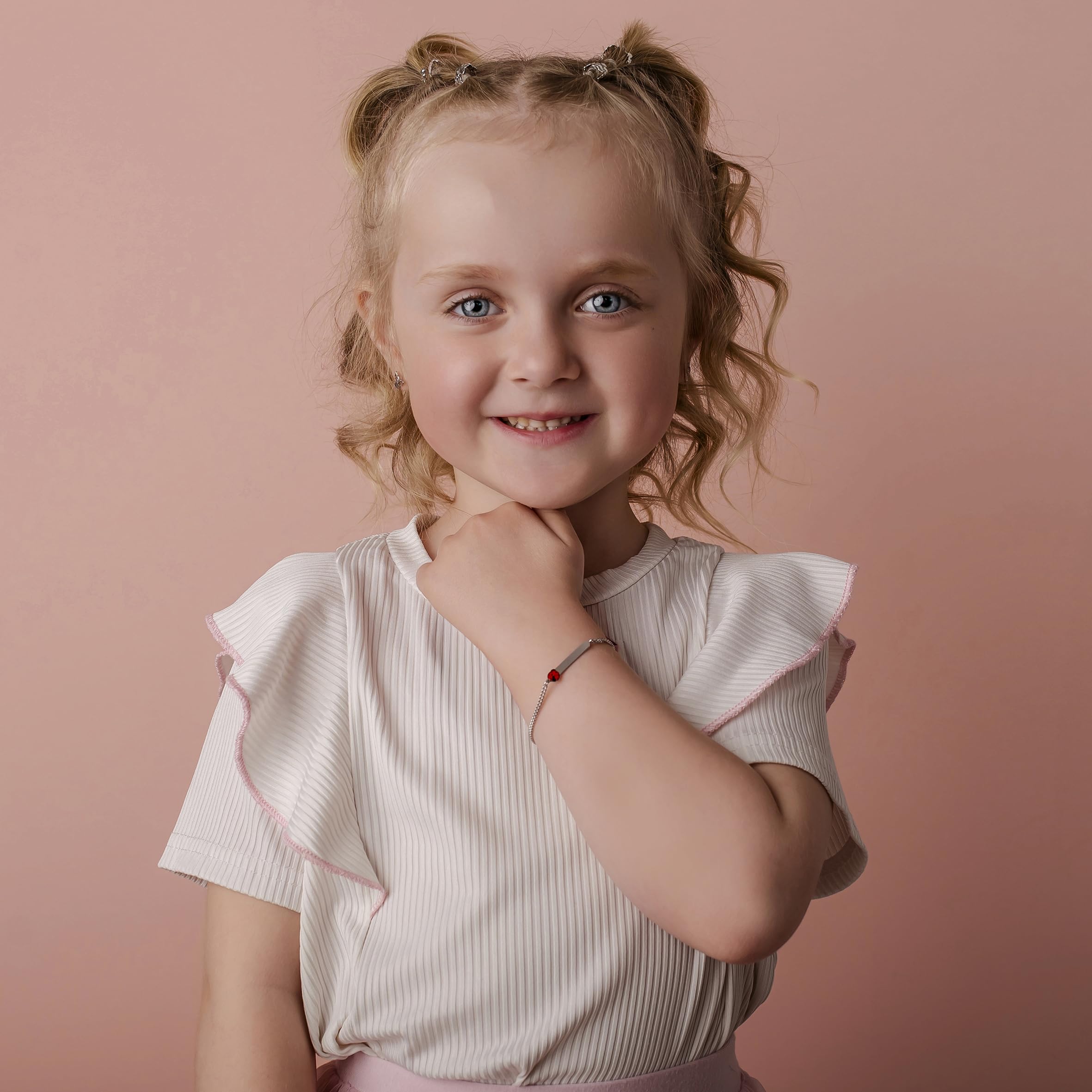 Sakrami Pulsera de Plata 925 Placa Grabable para Niños con Mariquita Esmaltada+ Caja Regalo Personalizada - Pulsera para Nacimiento Comunión o Bautismo