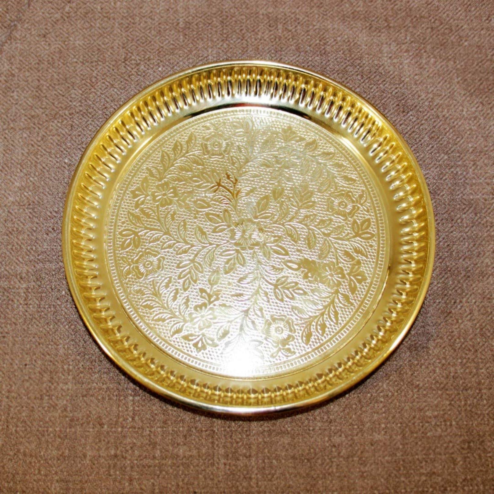 Skywalk Set of 2 Handmade Brass Puja Thali with Flower Emossed Design,Brass Pooja Plate for Home & Office Decoration & Gifting (Size-6 Inch) 1