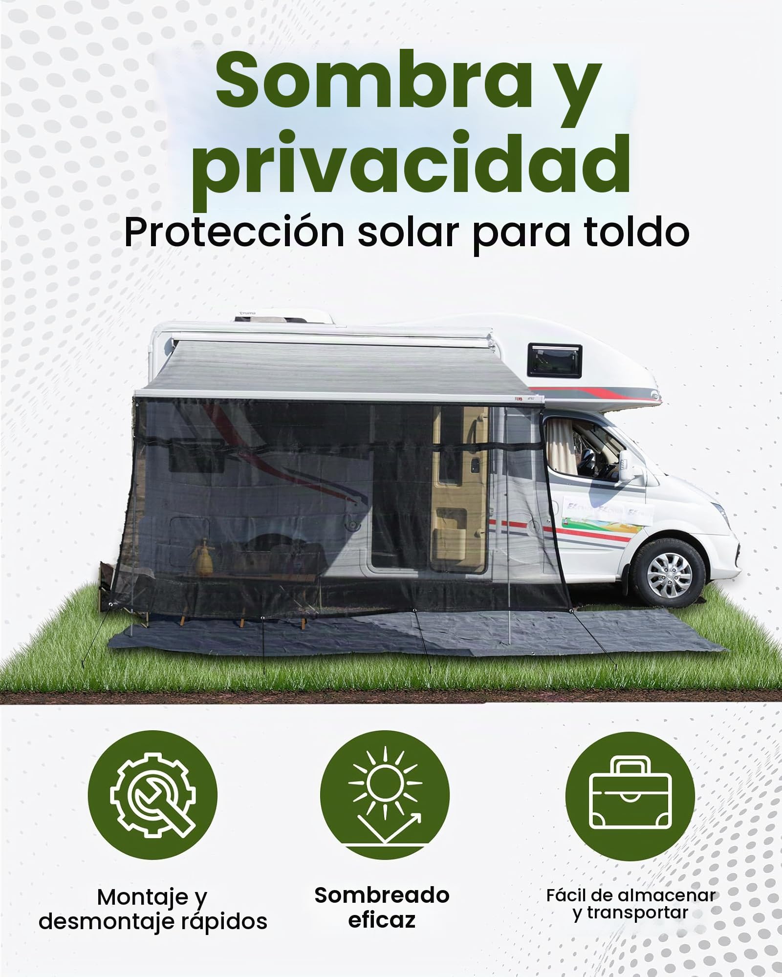Protección solar para toldos autocaravanas, 75% vistas bloqueantes, protección visual para la pared delantera, para caravanas, caravanas (altura 2 m x ancho 4,3 m)