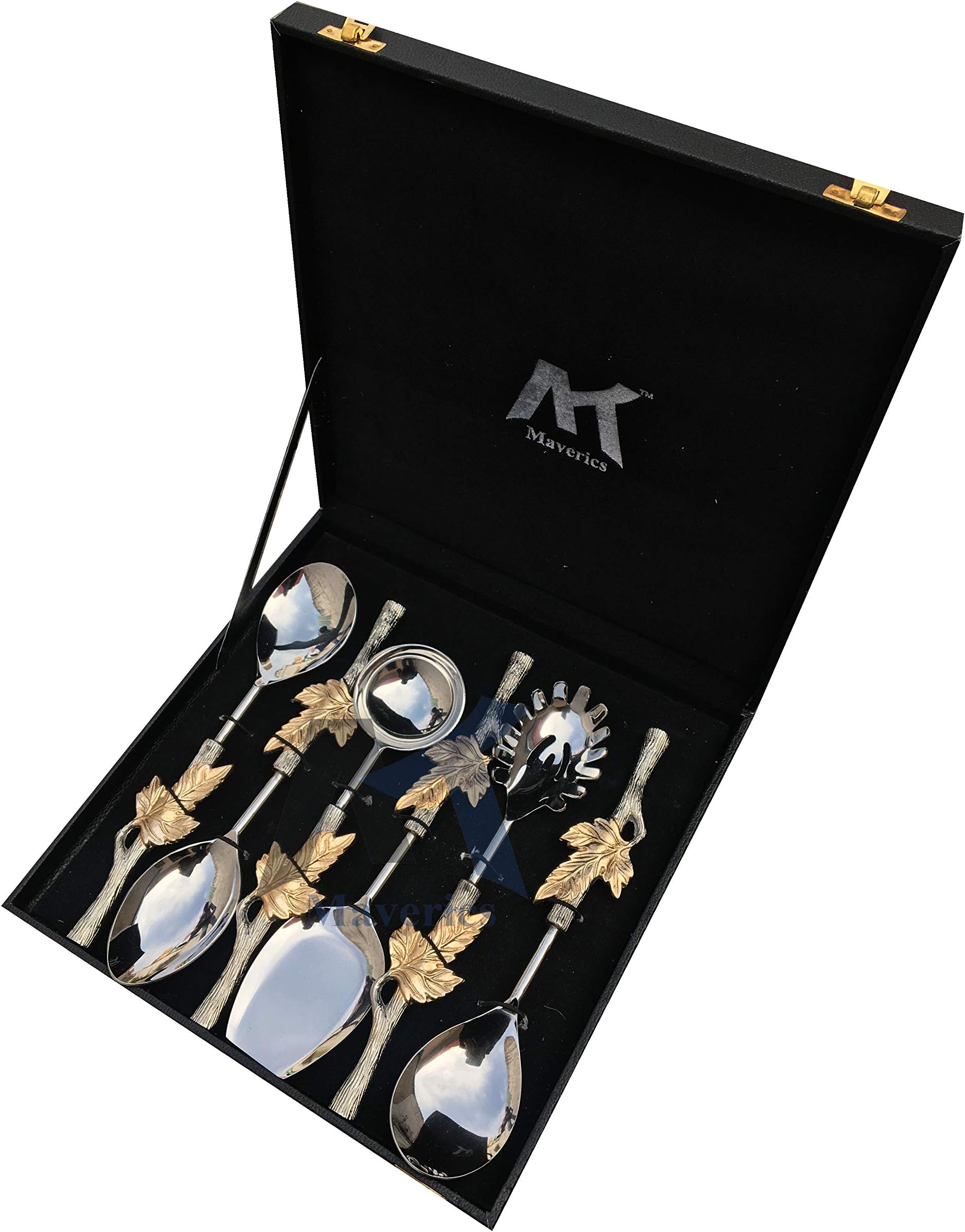 Maverics Aluminium Stainless Steel Handmade Leaf Handle Serving Spoon Set of 6 Piece with Black Gift Box (Gold)