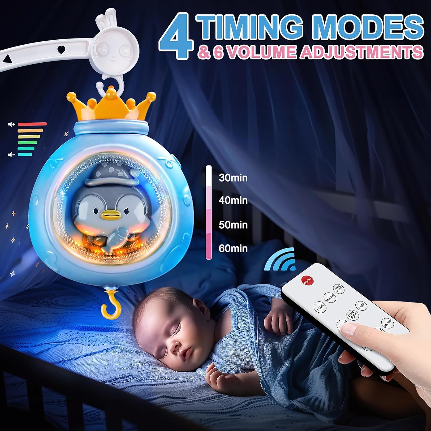 Baby Mobile for Crib, Crib Mobiles with Music and Lights, Nursery Hanging Mobile for Girls Boys Bassinets Toys, Musical Mobile Arm for Pack and Play, Space Portable Animal Mobile Clip On - Image 4