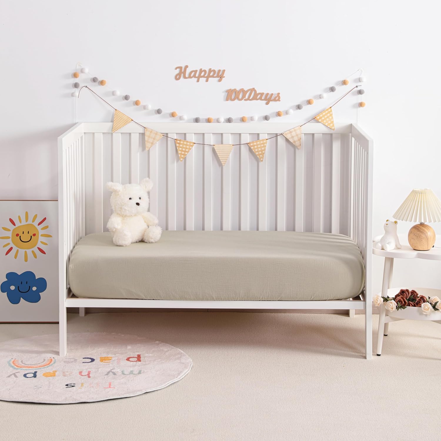 2 Pack Muslin Cotton Crib Fitted Sheets 28x52, Soft and Breathable Double Layer Baby Crib Fitted Sheets for Standard Crib and Toddler Mattress, Boys Girls Unisex, Light Yellow