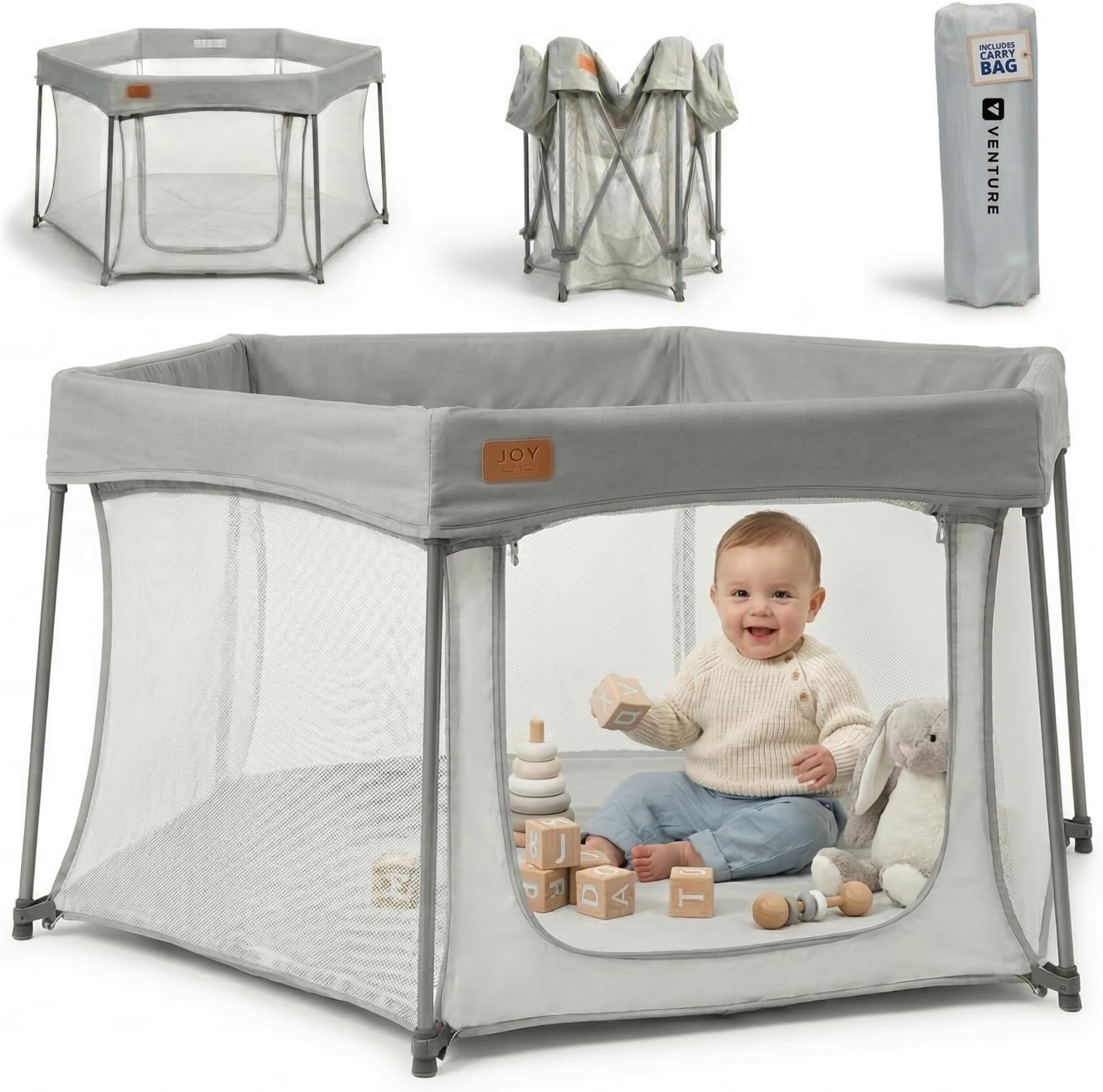 Venture All Stars Joy Award-Winning Foldable Baby Playpen – Large, Portable Play Pen for Babies & Toddlers, Breathable Mesh & Fitted Mat, Easy to Set Up, Includes Travel Bag - Silver (6-36 Months)