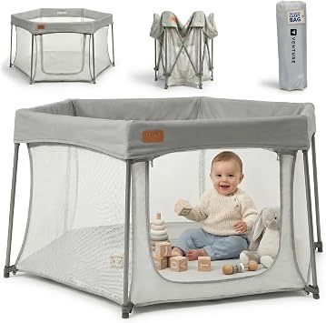 Venture All Stars Joy Award-Winning Foldable Baby Playpen   Large, Portable Play Pen for Babies & Toddlers, Breathable Mesh & Fitted Mat, Easy to Set Up, Includes Travel Bag - Silver 6-36 Months
