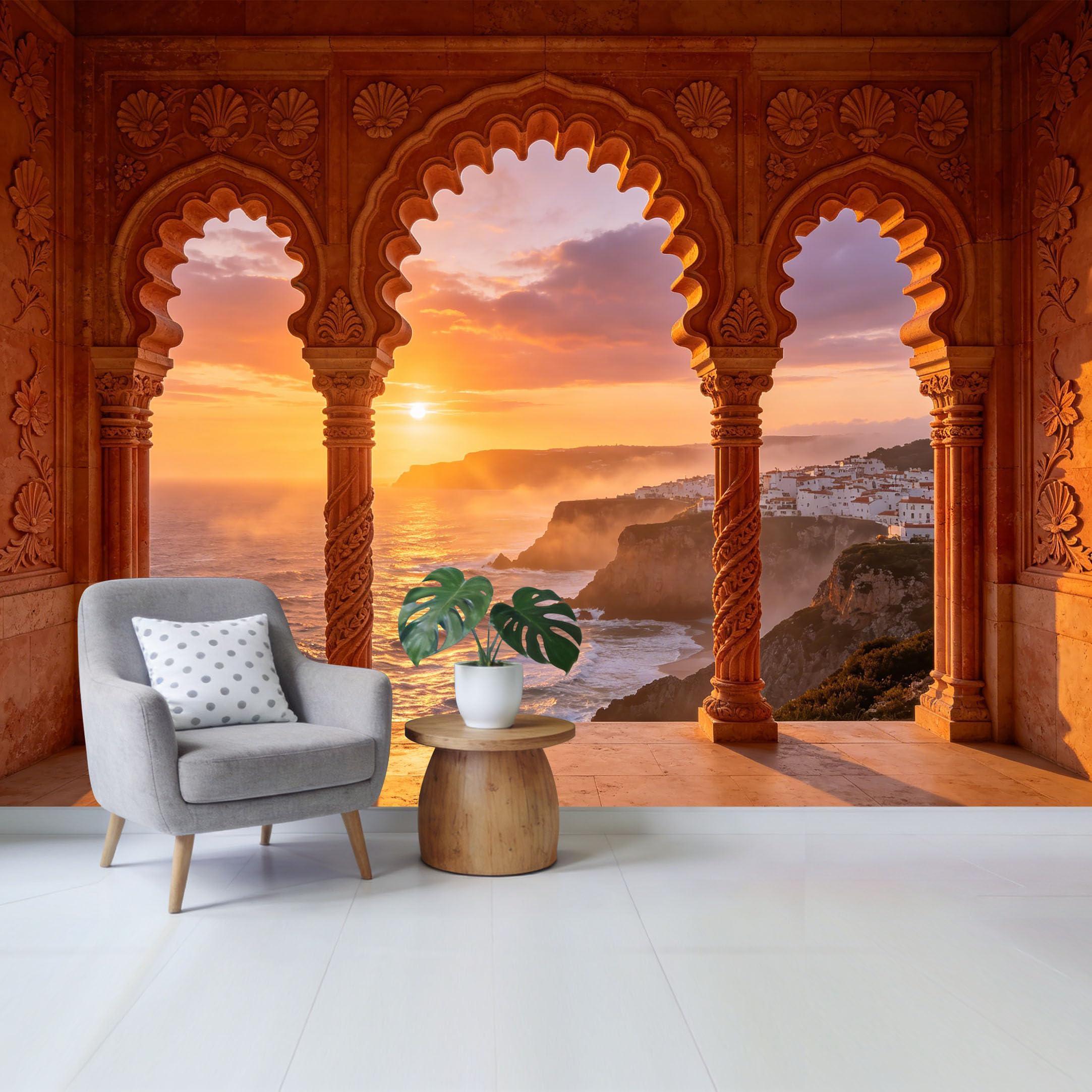 Removable Self Adhesive Fabric Mural， Mediterranean Coastal Sunset Archway Custom Size Wall Covering， UV Protected Waterproof Washable Wall Decor for Living Room Bedroom Bathroom