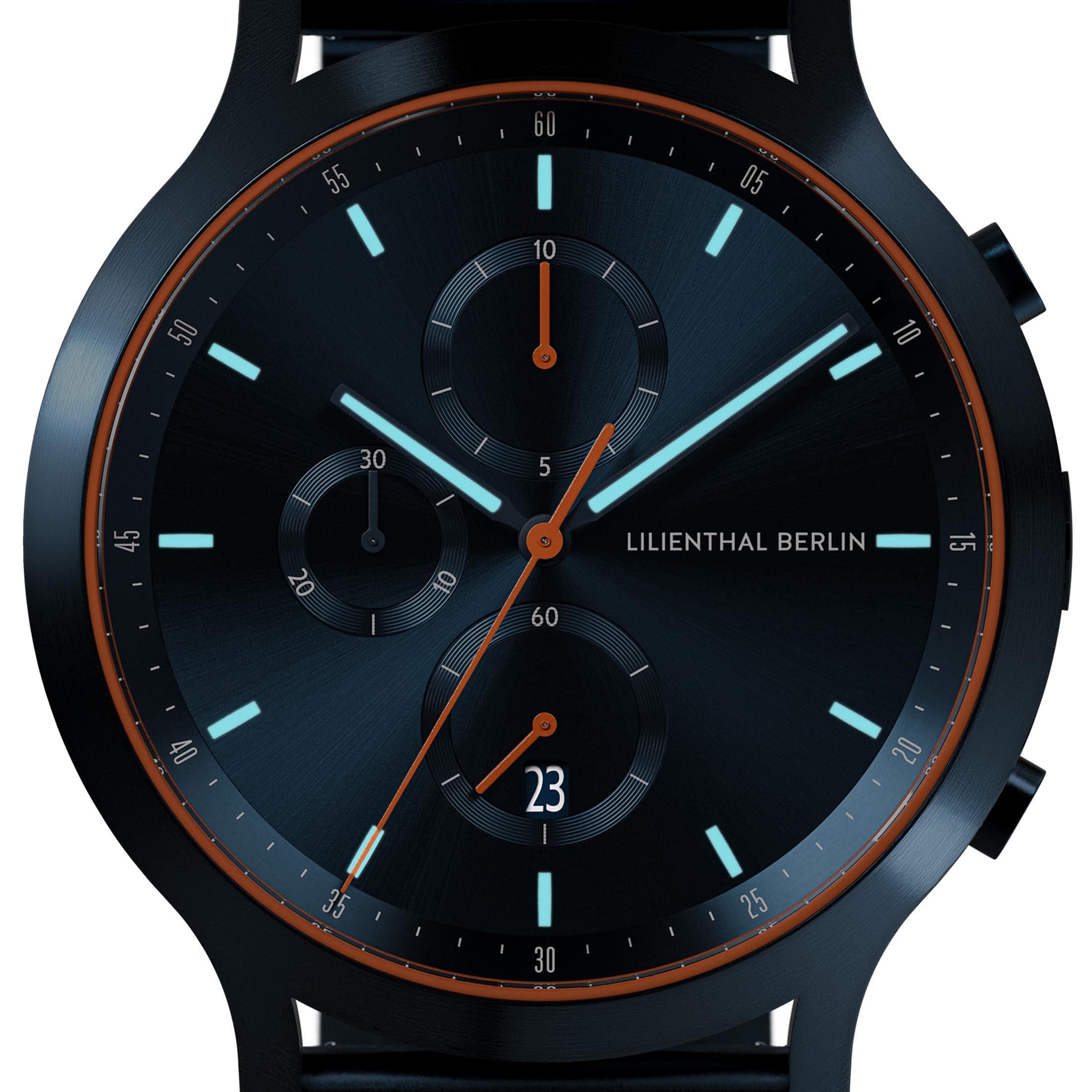 Lilienthal Berlin Chronograph Blue Orange IV in dunkelblau – Herrenuhr aus Chirurgenstahl mit einem Quarzuhrwerk & saphirgehärtetem Mineralglas – 42,5 mm