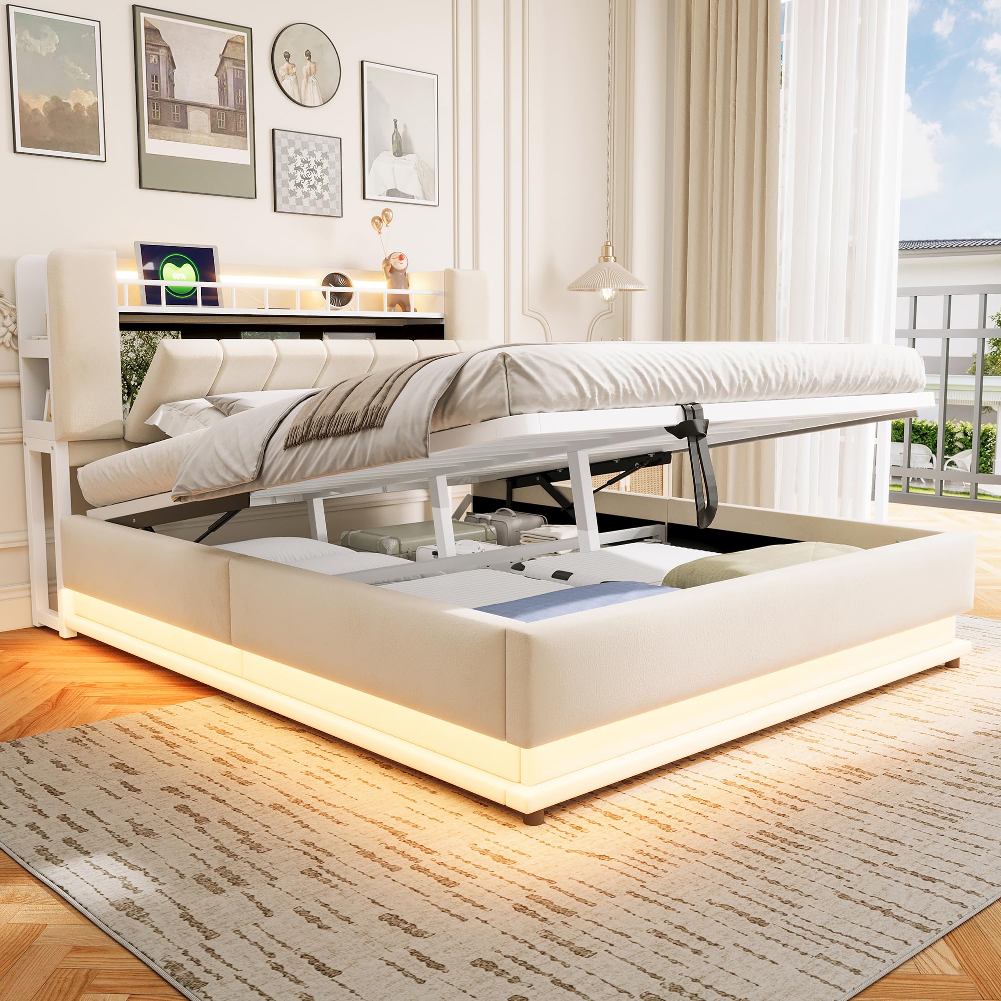 Letto matrimoniale imbottito con testiera e cassetto, 160 x 200 cm, beige