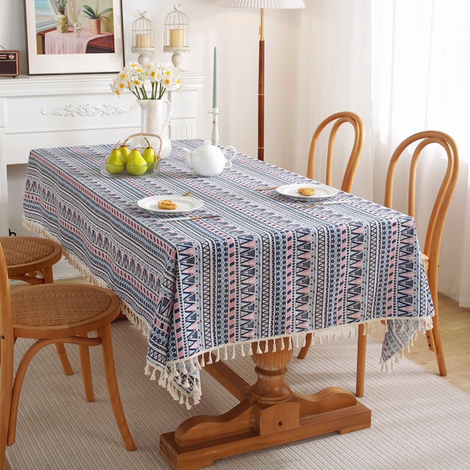 Mesnt Dining Table Tablecloth, Cotton Geometric Stripe Pattern with TasselTable Cover for Party Picnic Dinner Decor, Blue Pink, Style 3, 47 x 63 Inches