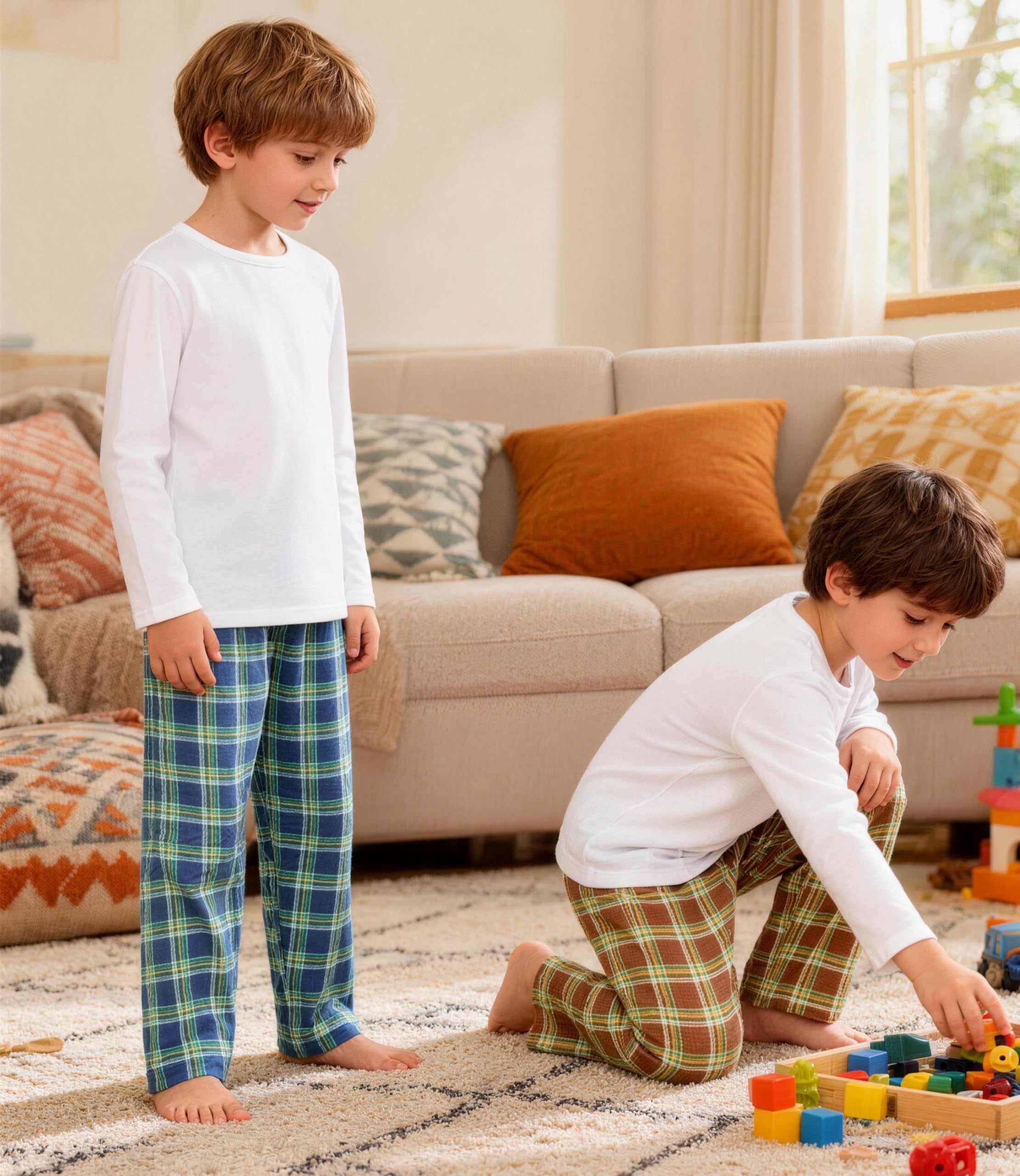 Pigiama da bambino, 4 pezzi, in cotone elasticizzato, a costine, con pantaloni a scacchi, 3-12 anni