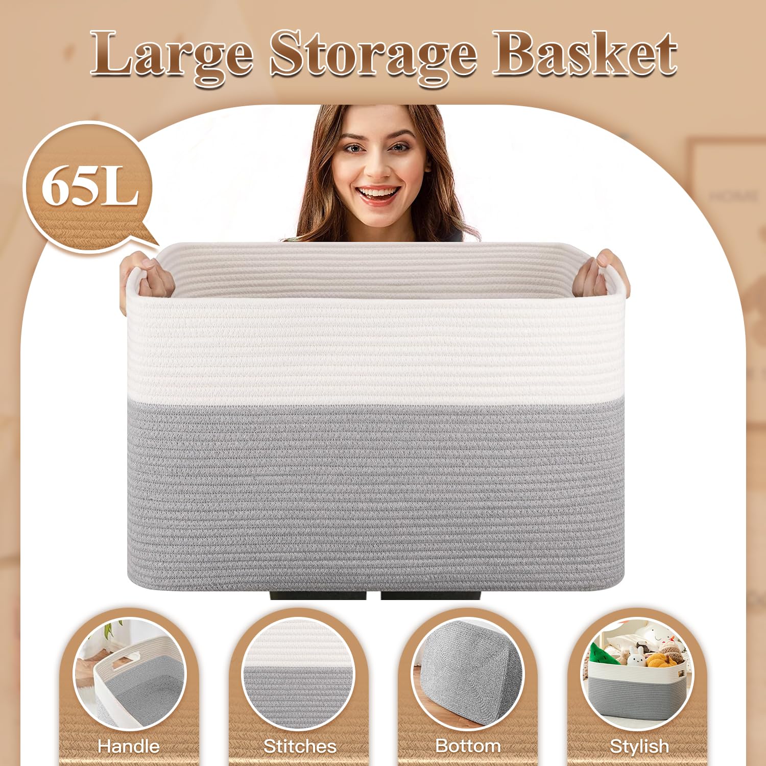 Esteopt Cestas de almacenamiento plegables extragrandes de 65 litros con asas, caja organizadora de tela resistente para juguetes, mantas, ropa de temporada, diseño plegable que ahorra espacio (55 x