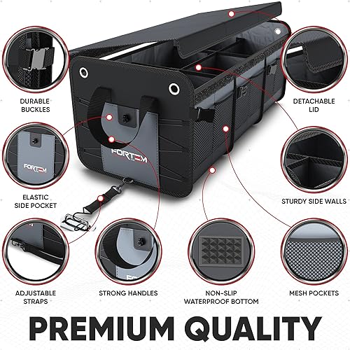 Miniatura 2 de FORTEM Organizador de maletero de coche (3 compartimentos, gris) + inflador de neumáticos portátil