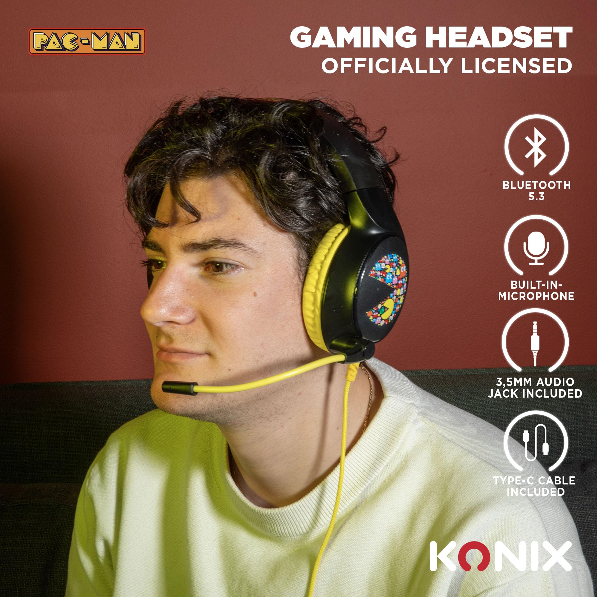 Konix Pac-Man Cuffie gaming circumaurali con cavo PC, PS5, Switch 2, Xbox Series X|S - Microfono 45° - Cavo 1,5 m - Jack 3,5 mm - Nero e giallo