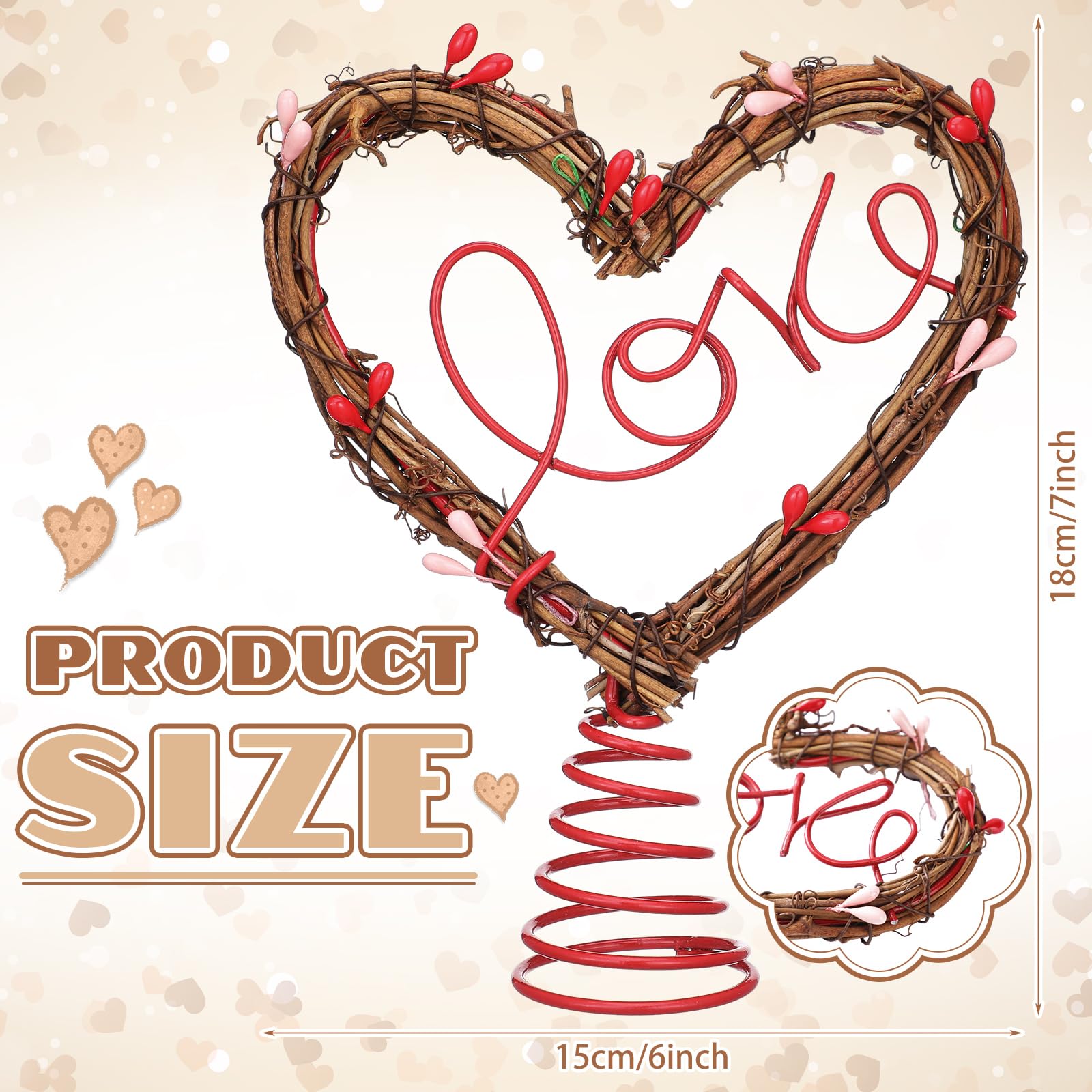 Gejoy 7 Inch Valentine Tree Topper Heart Tree Topper Rustic Rattan Treetop Valentines Love Wreath Decor with Red Pink Berry Heart for Valentines Wedding Holiday Party Wall Home Front Door Decor