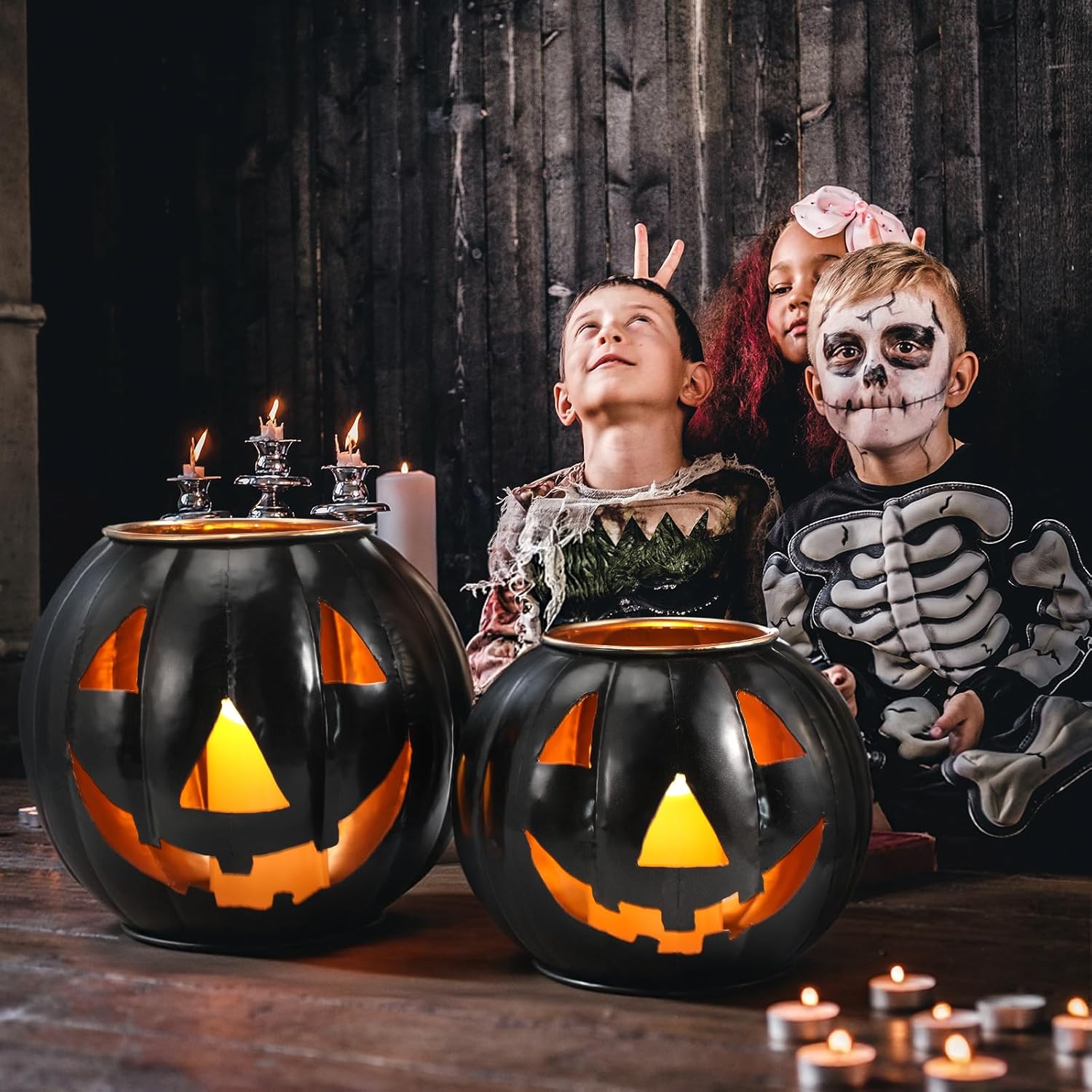 3 Sets Halloween Metal Jack O Lanterns Pumpkin with 3 LED Candles with Black Creepy Cloth Decoration Bundle Rustic Indoor and Outdoor Decor