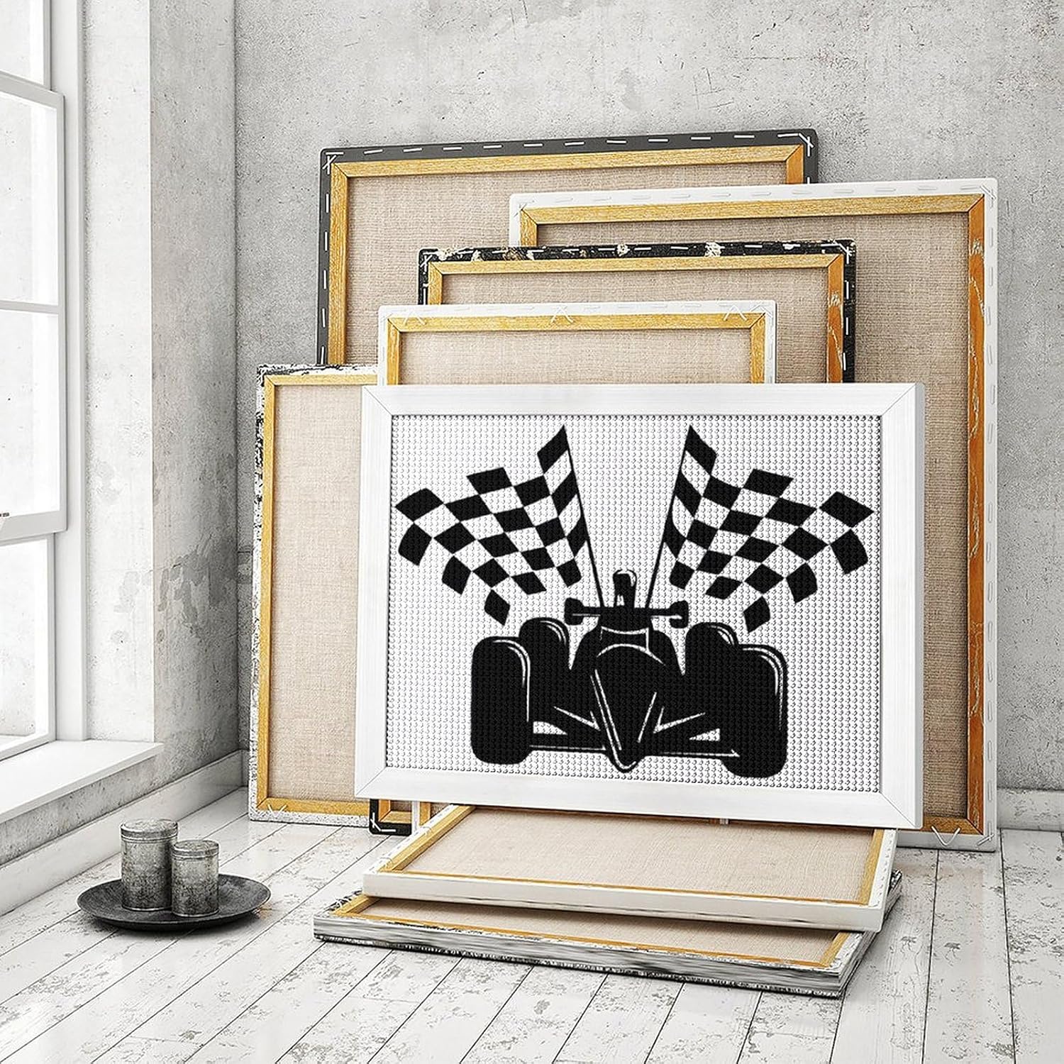 Checkered Flags Race Car Flag Printed Diamond 5D Painting Kit 16x20in DIY Full Drill Craft with Tools for Home Wall Decor Gift White Wood 50 * 40cm