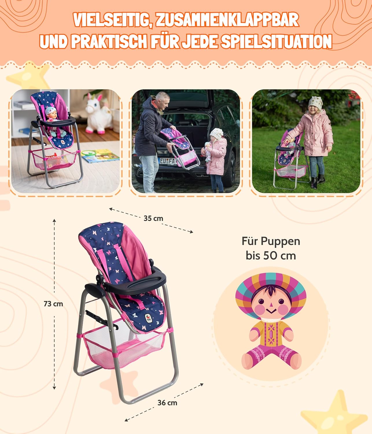 Bayer Chic 2000 - Doll High Chair, Doll's Furniture, Doll Accessories, Butterfly, Navy Pink, 655-33, Small