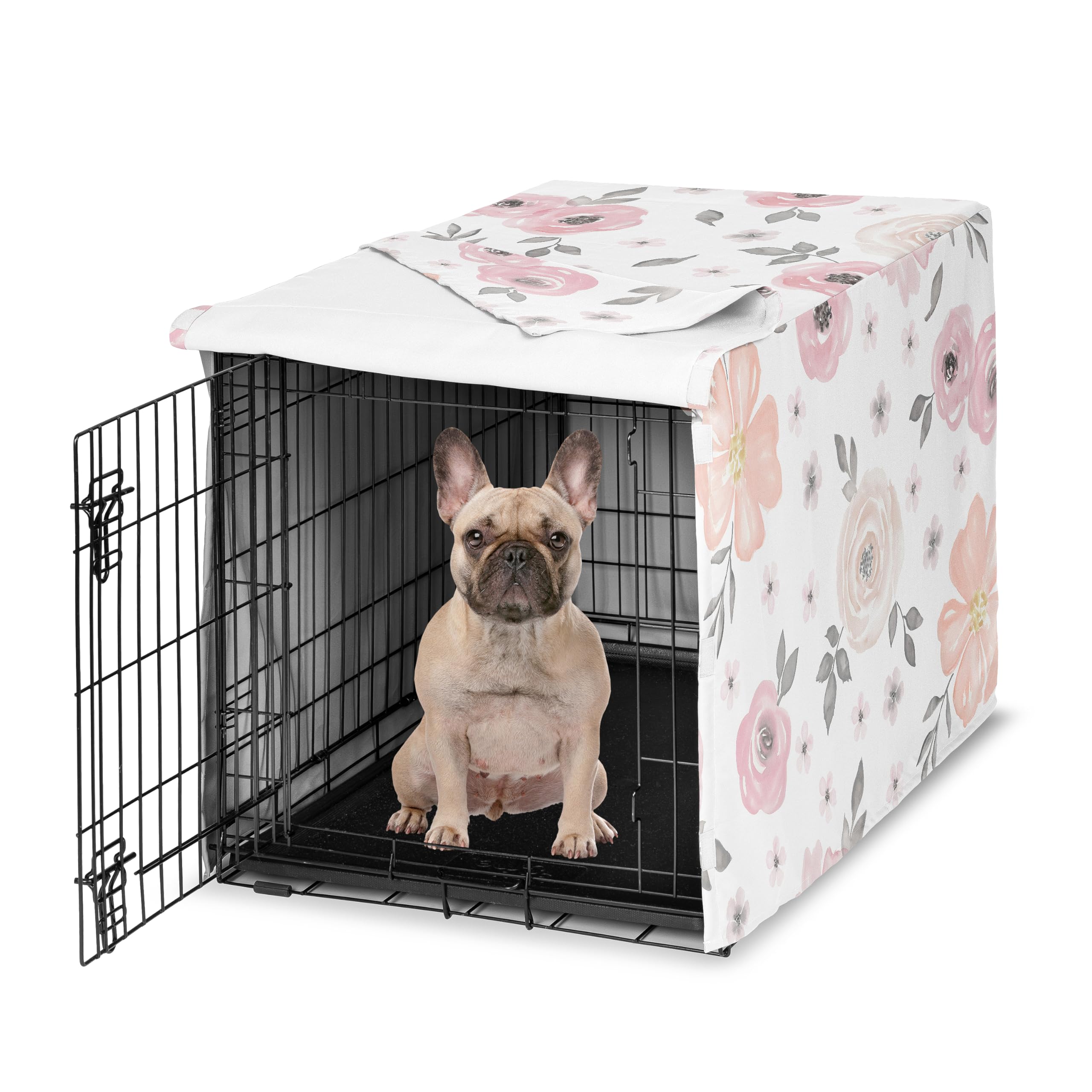Sweet Jojo Designs 30in. Small/Medium Dog Crate Cover (Pink/Grey Boho Floral) for Girls Pet Cage, Kennel Covers (Watercolor, Flower, Elegant Rose,