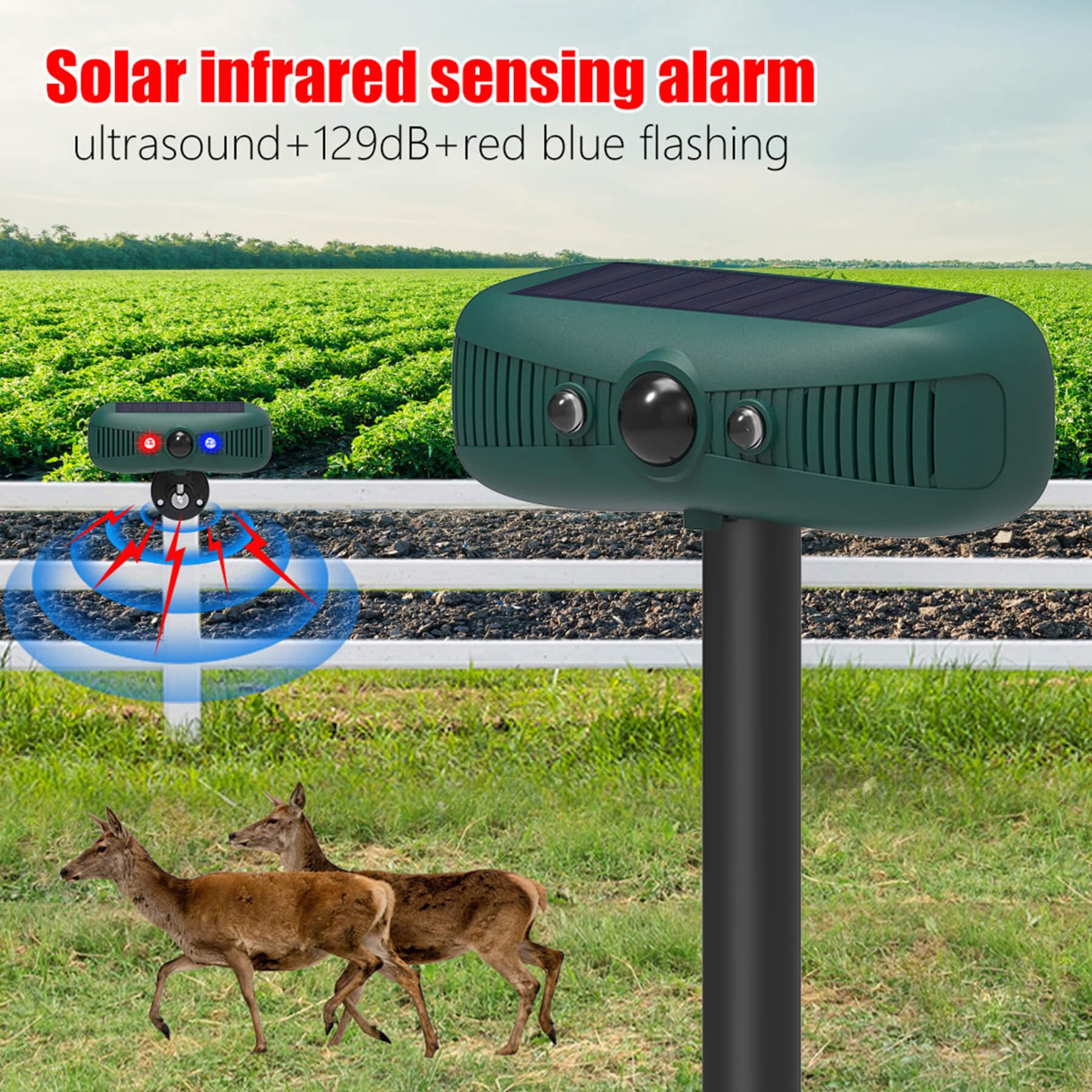Alarma solar con sensor de movimiento para interiores y exteriores, 2 sirenas de 129 db, 4 modos de trabajo, 2 luces estroboscópicas activadas por movimiento rojo y azul, alarma ultrasónica