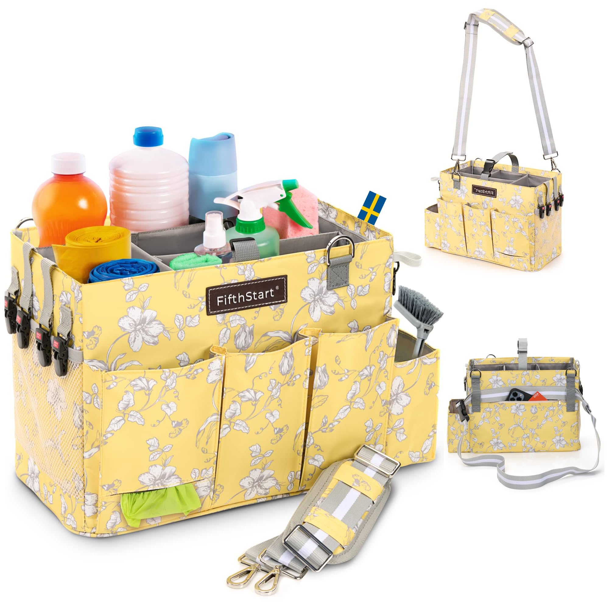 fifthstart multipurpose cleaning caddy with waist & shoulder strap - diaper caddy with 9 pockets, mesh base & adjustable compartments (yellow floral, small)