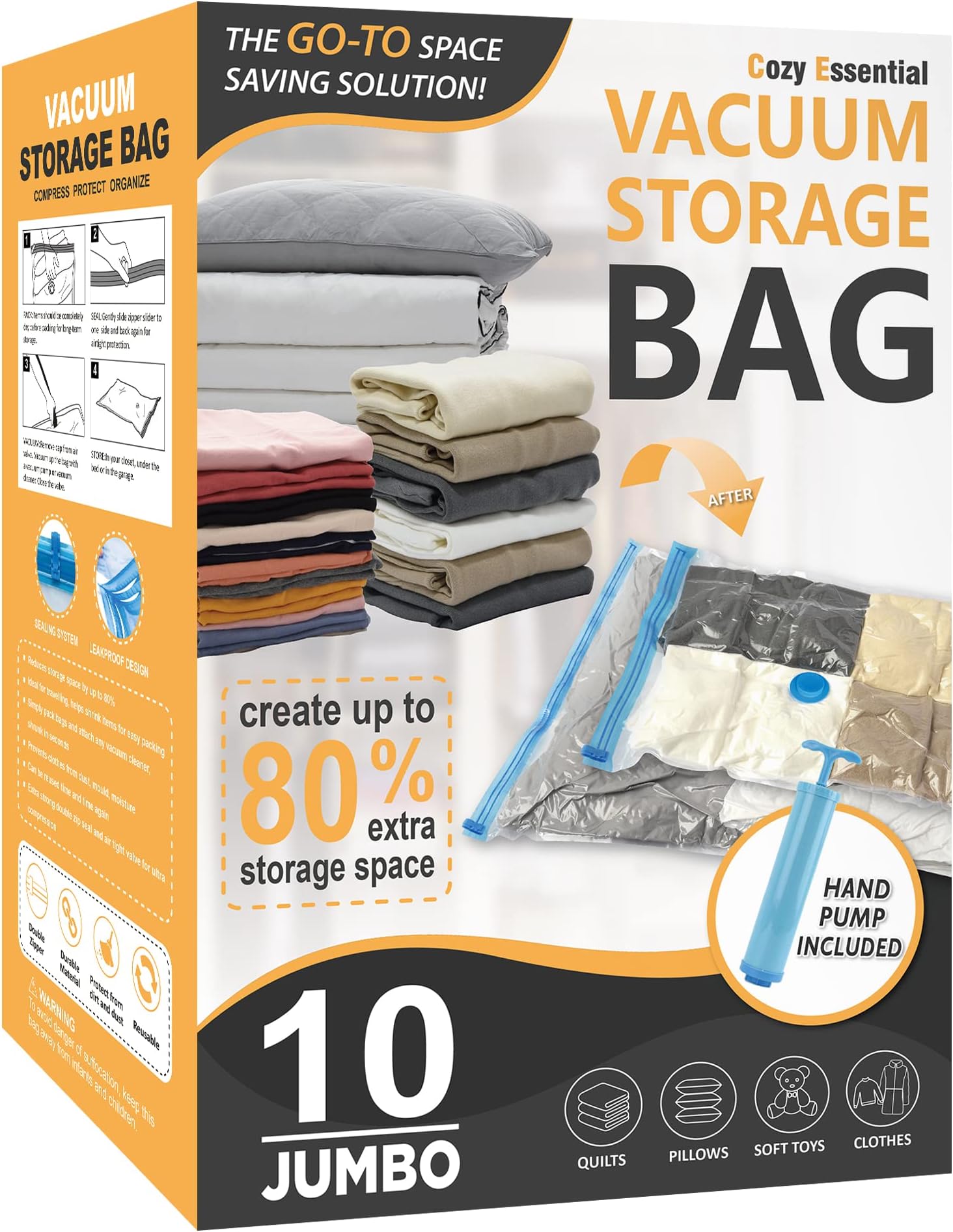 10 Jumbo Vacuum Storage Bags, Space Saver Bags Compression Storage Bags for C...