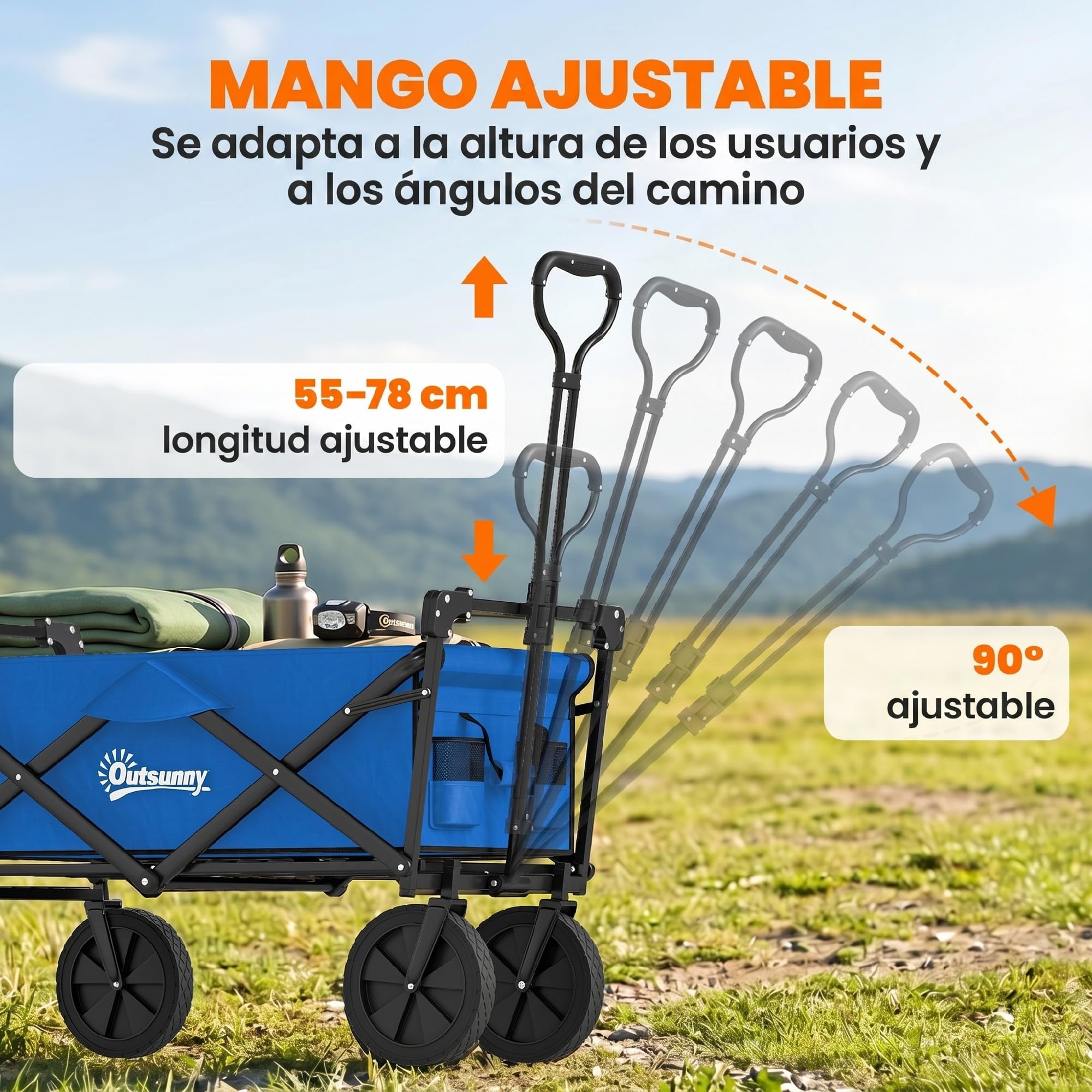 Outsunny Carro Plegable con Toldo Desmontable Carro de Playa Carro de Jardín con Longitud y Ángulo del Mango Ajustables Ruedas Grandes y Bolsa de Transporte Carga 100 kg para Compra Azul