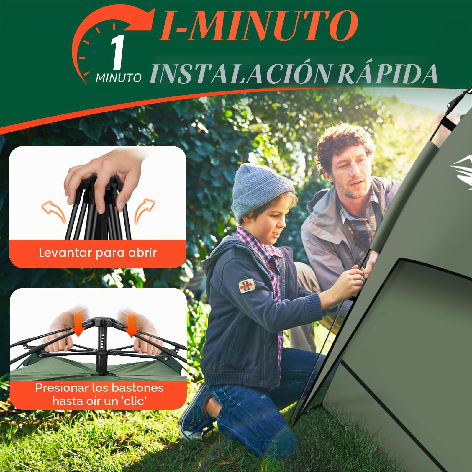Tienda de Campaña 2-3 Personas Automática, Tienda de Cúpula de Doble Capa Portátil, Tienda de Campaña Grande para 3 Estaciones para Trekking, Familias, Camping