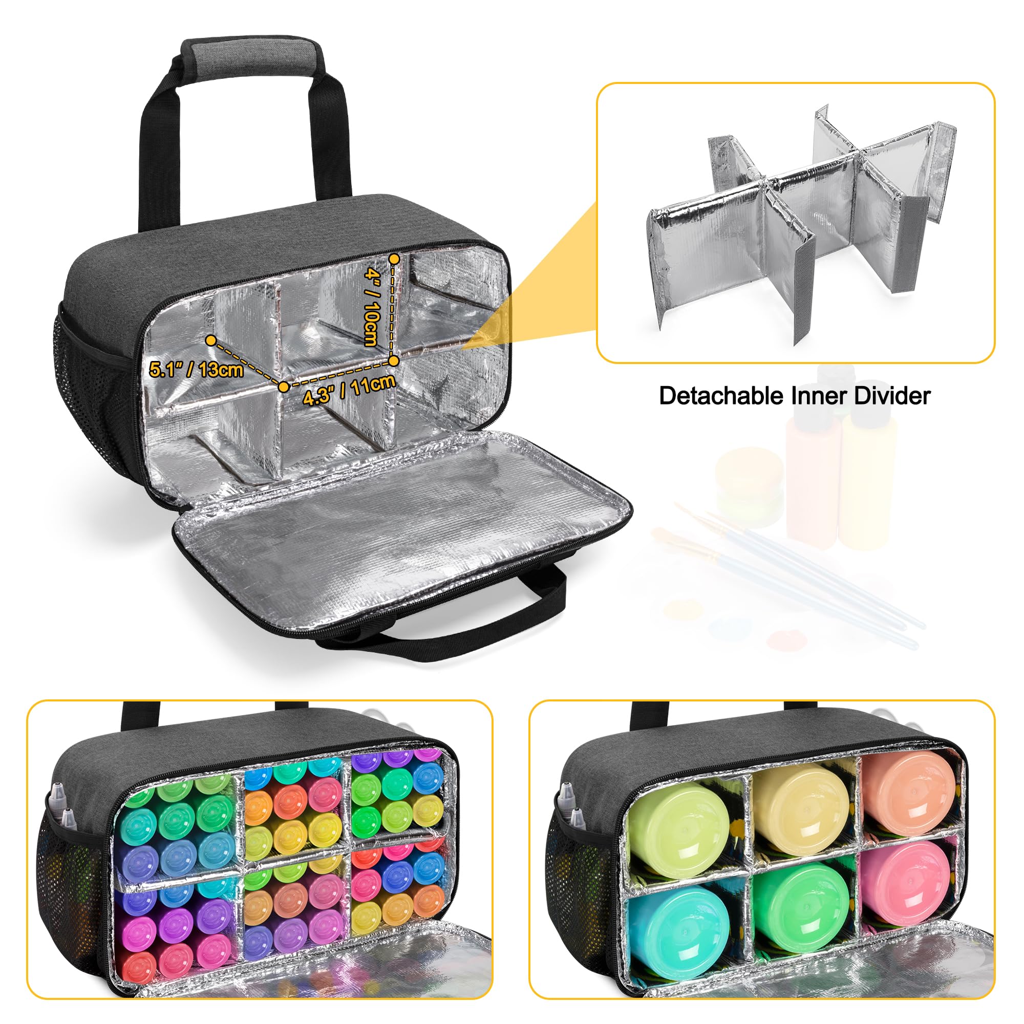 GRAOSO Bolsa organizadora de pintura acrílica para hasta 54 botellas (2 onzas), estuche de almacenamiento de suministros de arte con correa de asa, bolsillo adicional para pinceles, tablero de paleta,