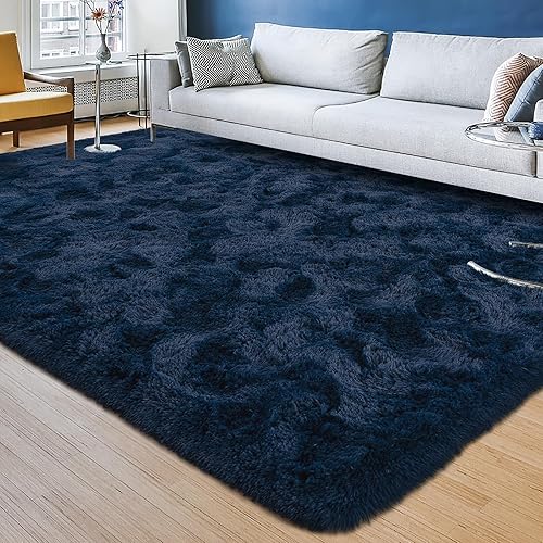 Alfombra de área azul marino para sala de estar, 5 x 8 pies, alfombras peludas y esponjosas para dormitorio, alfombra supersuave y mullida para
