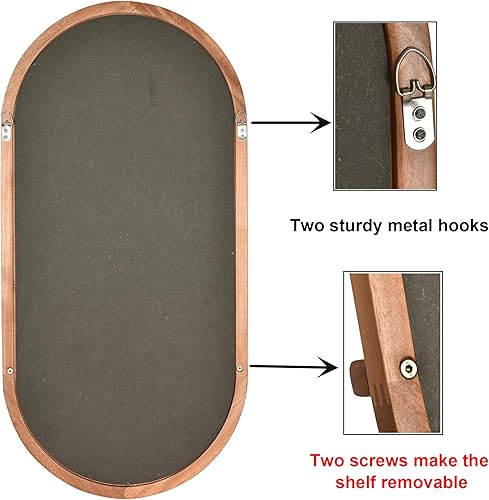 Miniatura 4 de Espejo de pared ovalado con marco de madera con estante extraíble, espejo de tocador de baño de 18 x 36 pulgadas para entrada, vidrio templado,