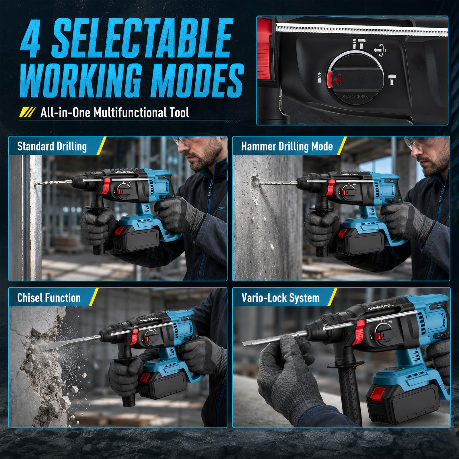 Marteau Perforateur Sans Fil, Perceuse à percussion 5 en 1 avec 2 batteries de 21V, Brushless, pour béton, rénovation et bricolage, avec foret, burin et mallette