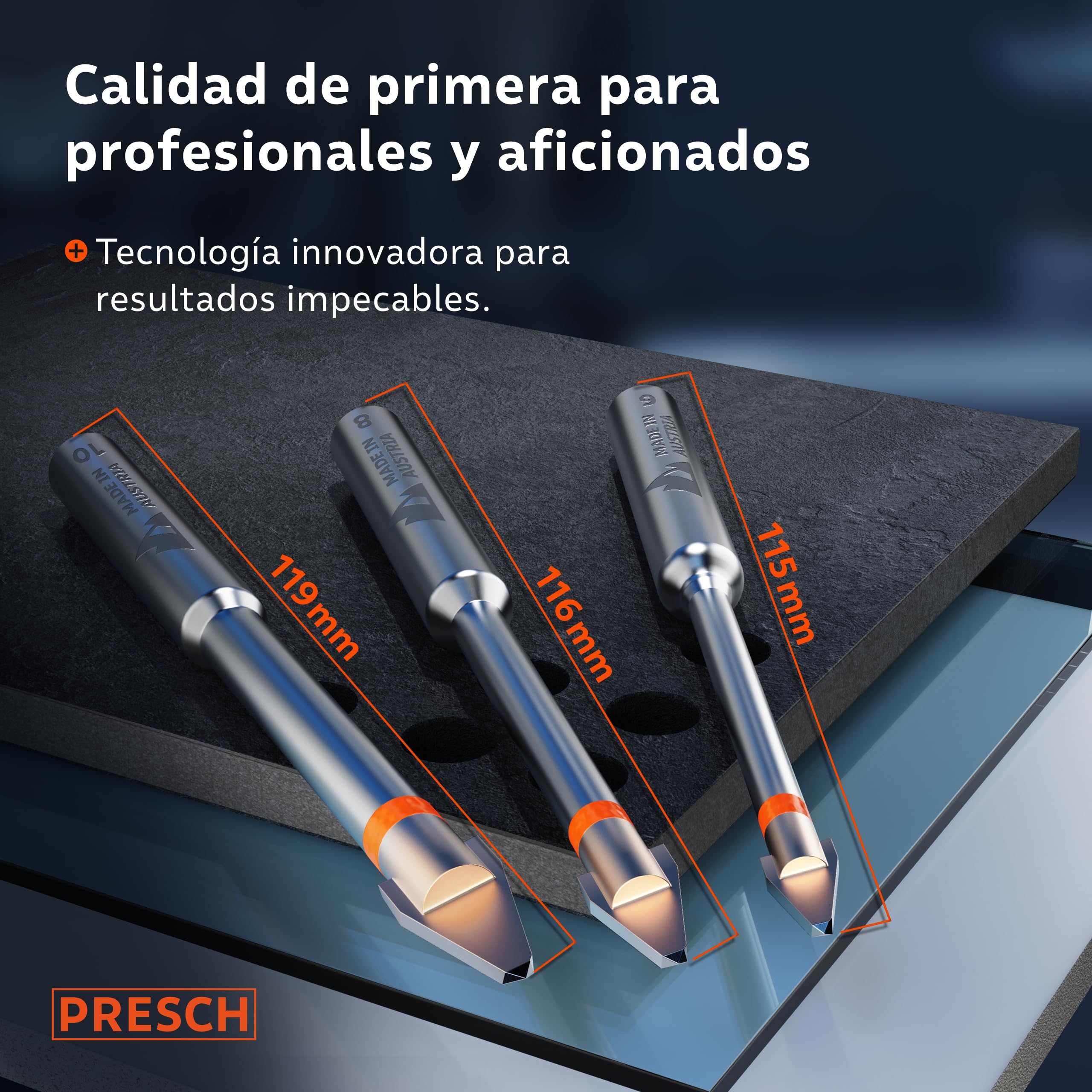 Presch Set de Brocas azulejos | ⌀ 6mm, 8mm, 10mm | Brocas especialmente para azulejos duros, cerámica, vidrio y porcelana | Incluidas en una caja
